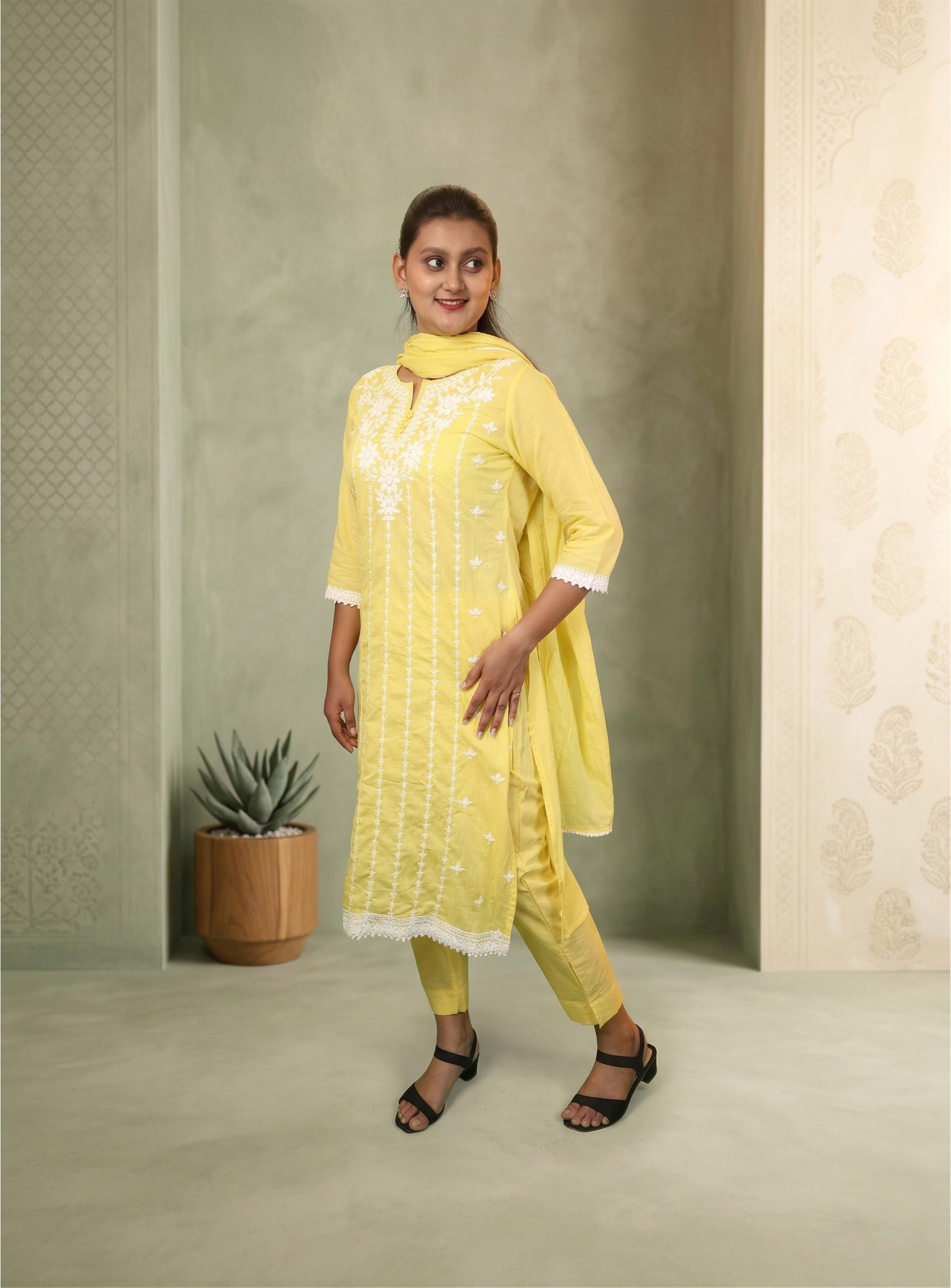 Yellow kora cotton straight suit set with dupatta