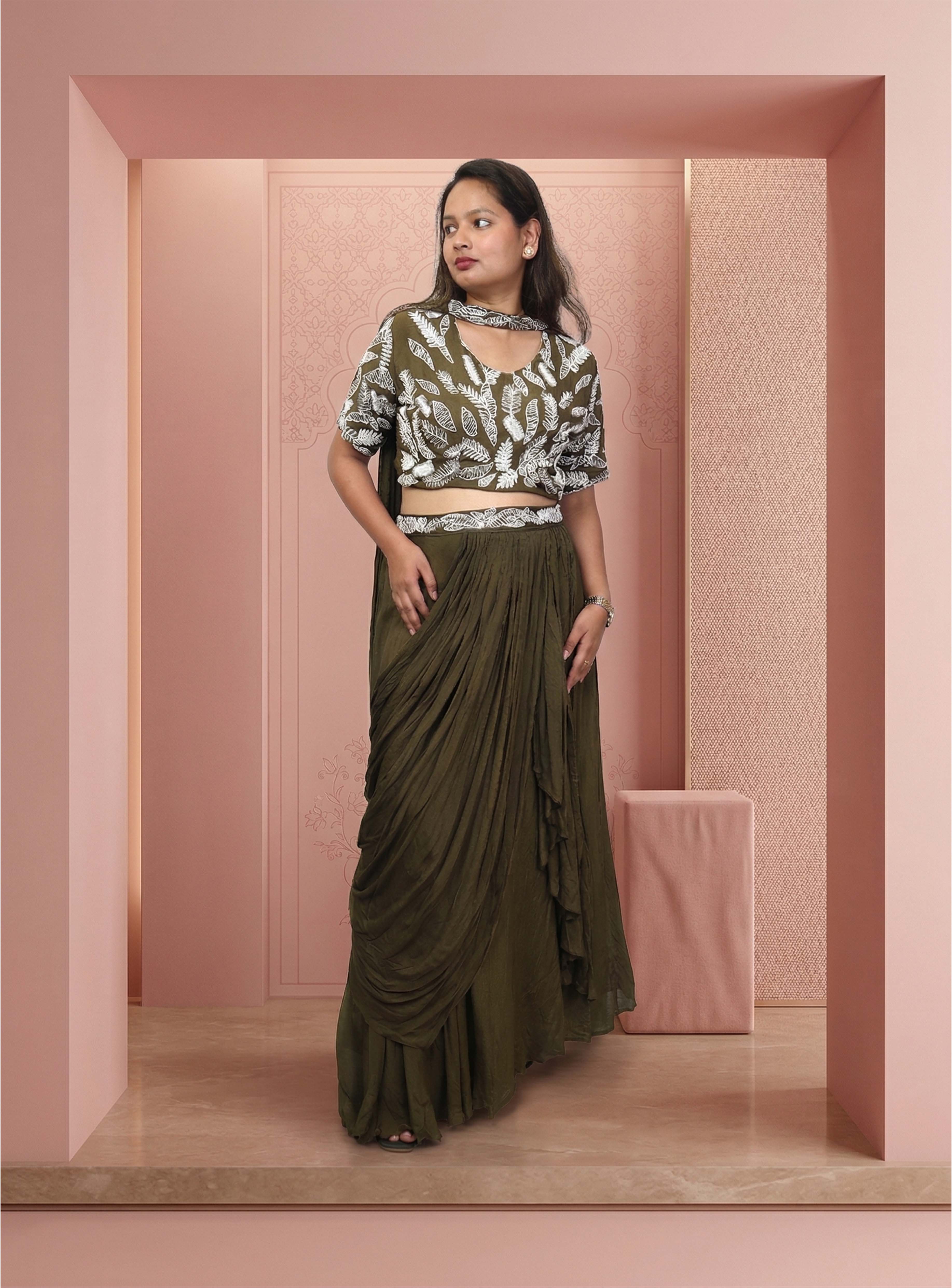 Green chinon crop-top with lehnga with dupatta