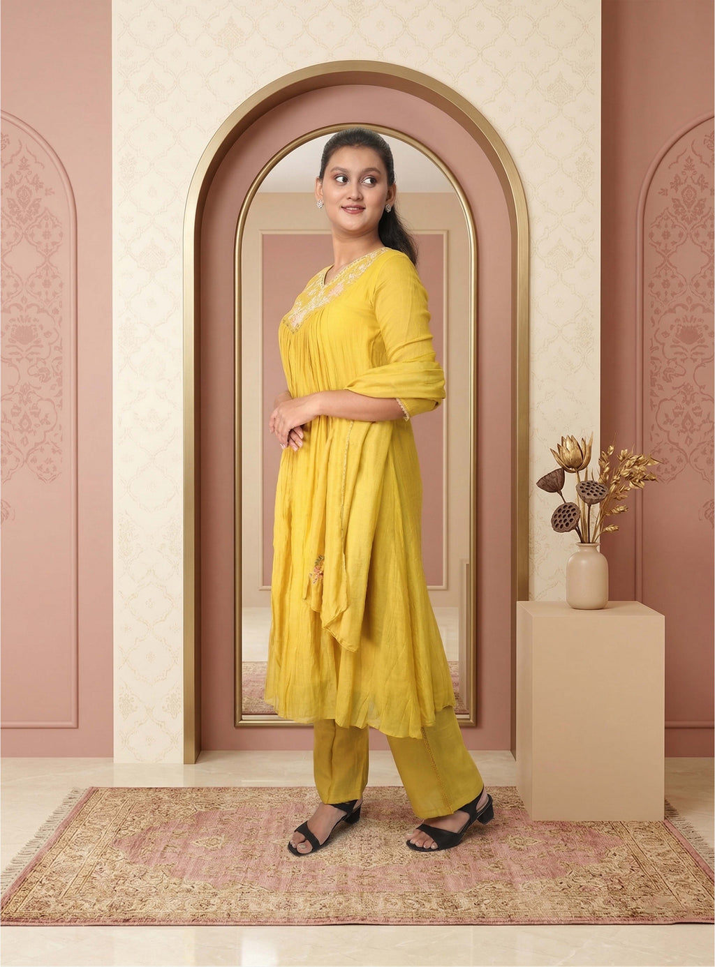 Mustard Banarasi Mul Chanderi Anarkali Suit-set with dupatta