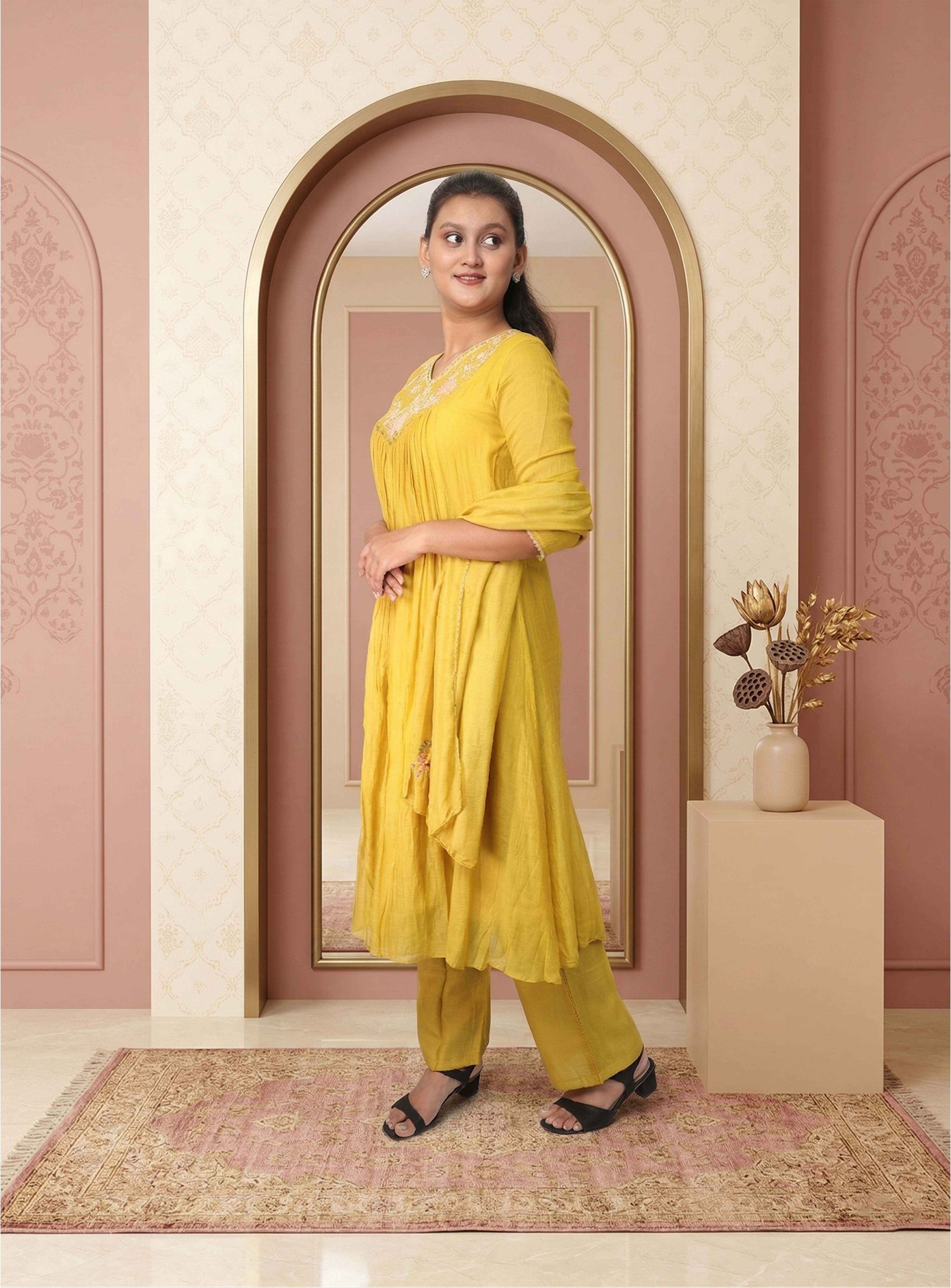 Mustard Banarasi Mul Chanderi Anarkali Suit-set with dupatta