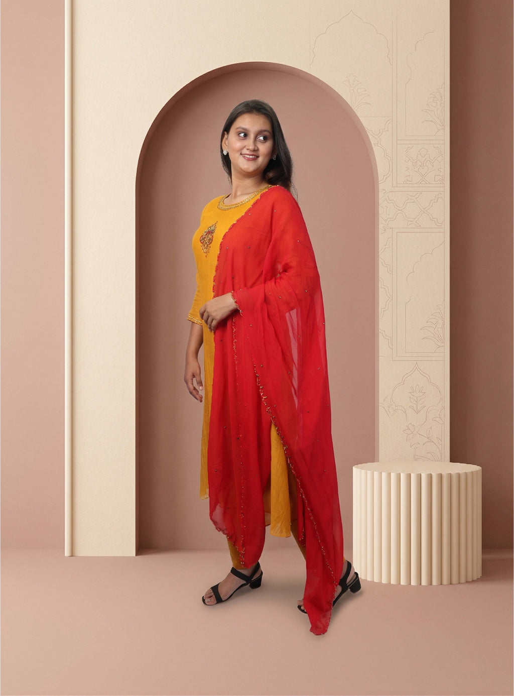 Mustard Banarasi Mul Chanderi A-line Suit-set with dupatta