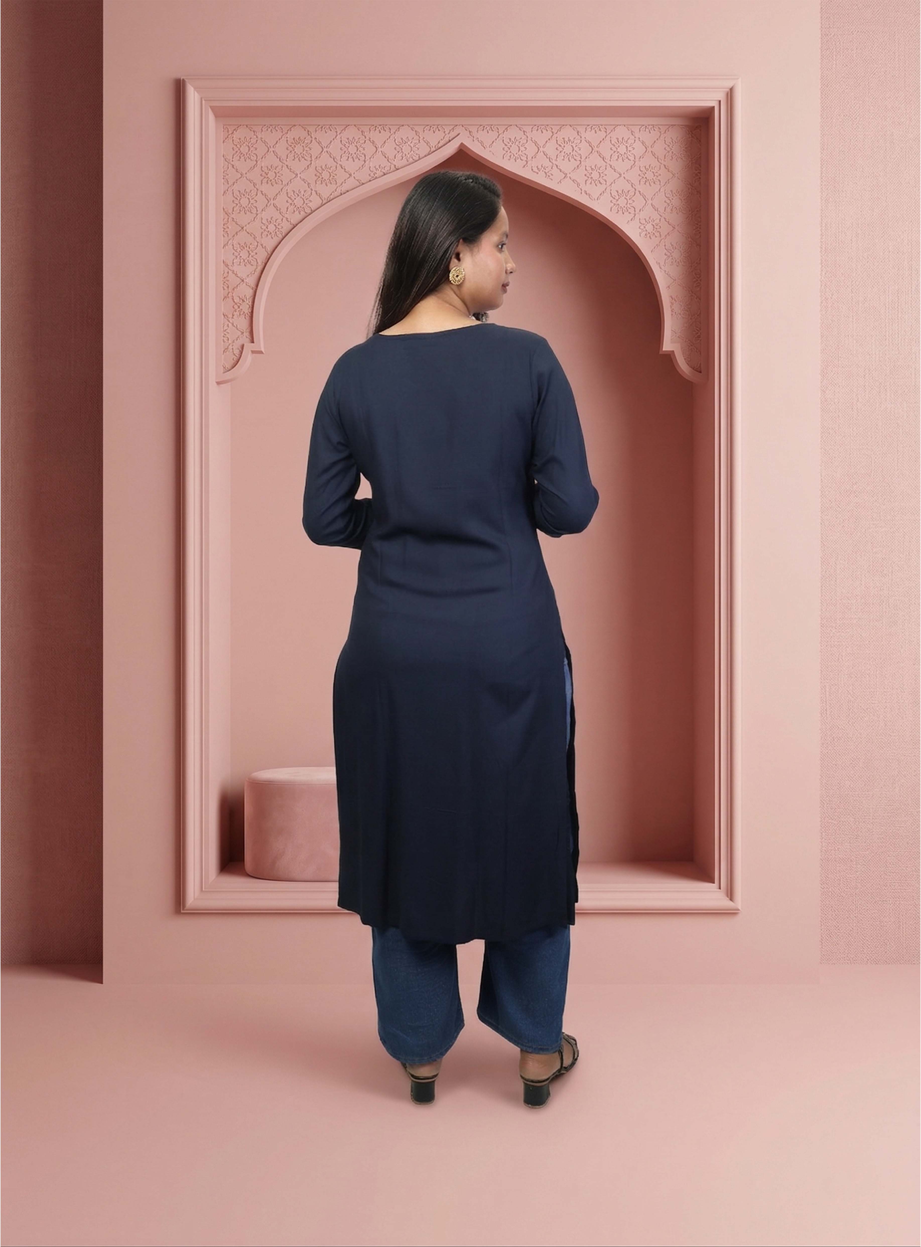 Blue embroidery silk blend straight kurta