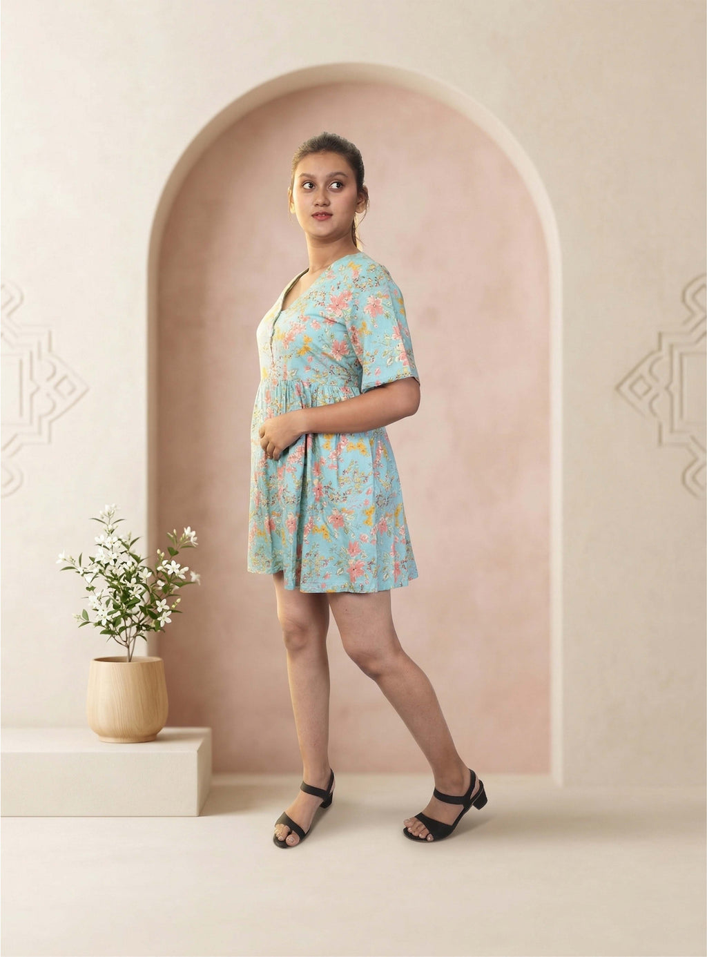 Lightblue Floral Printed cotton short dress