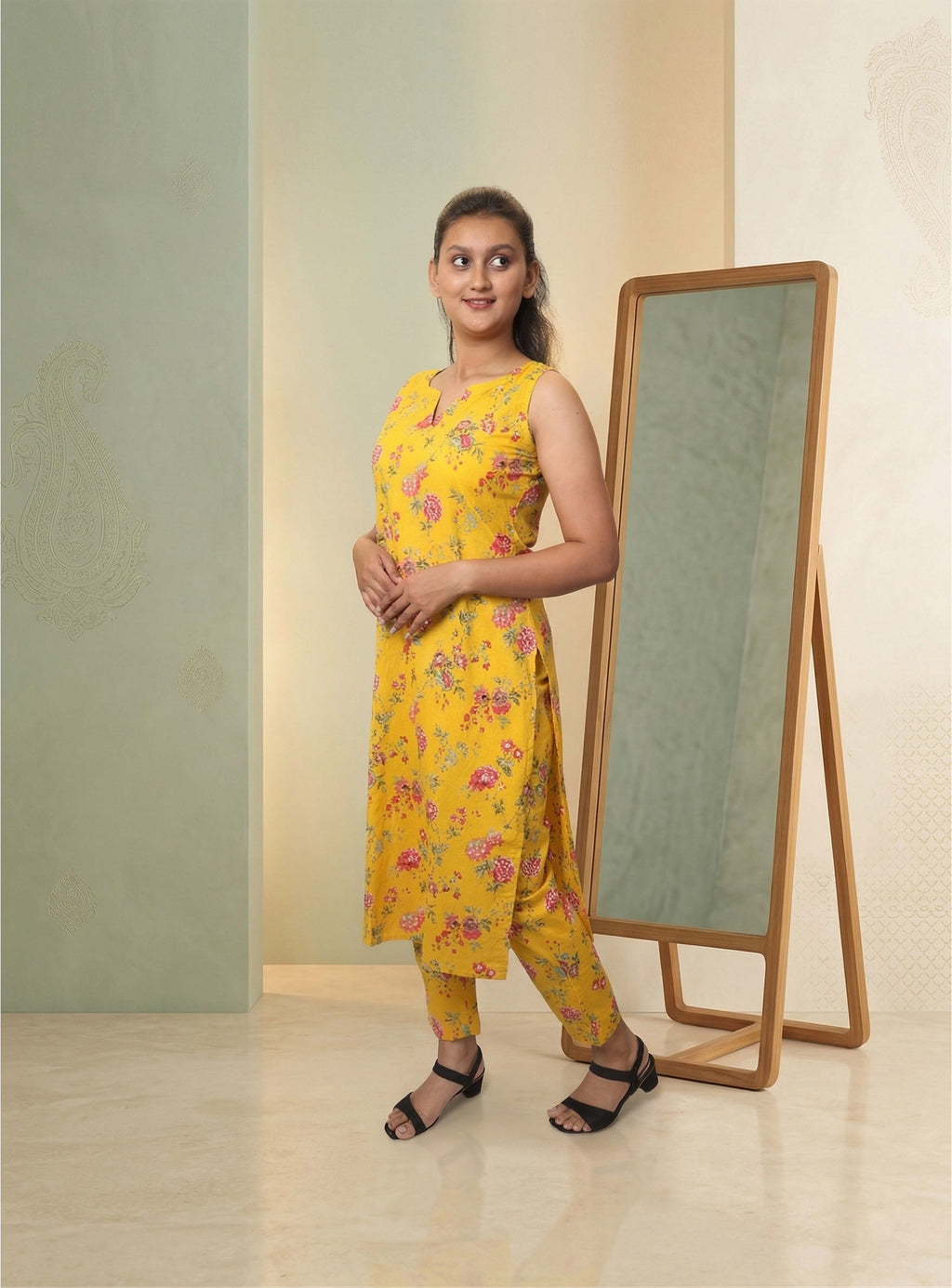 Yellow Printed Cotton straight Co-ord set