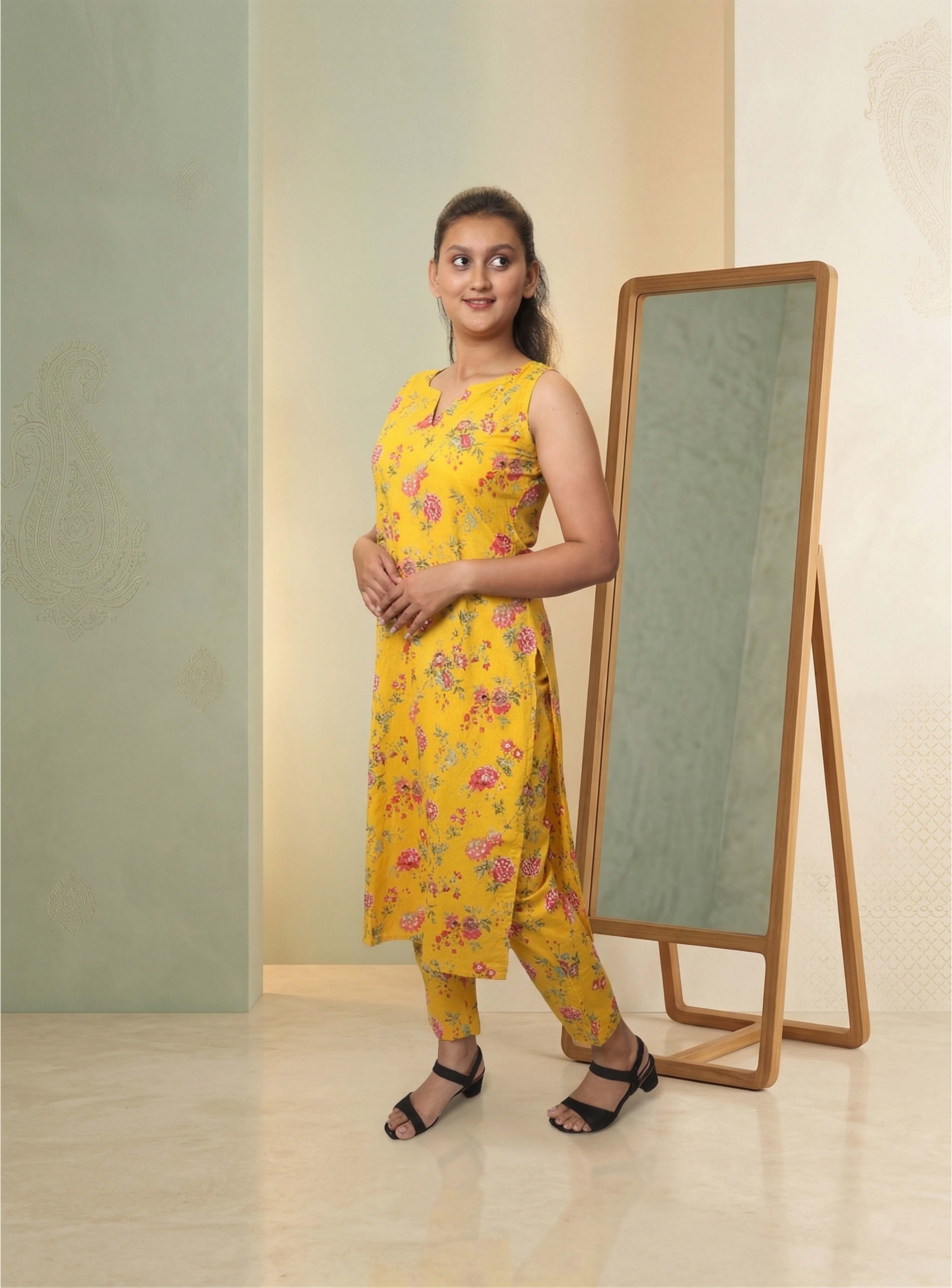 Yellow Printed Cotton straight Co-ord set