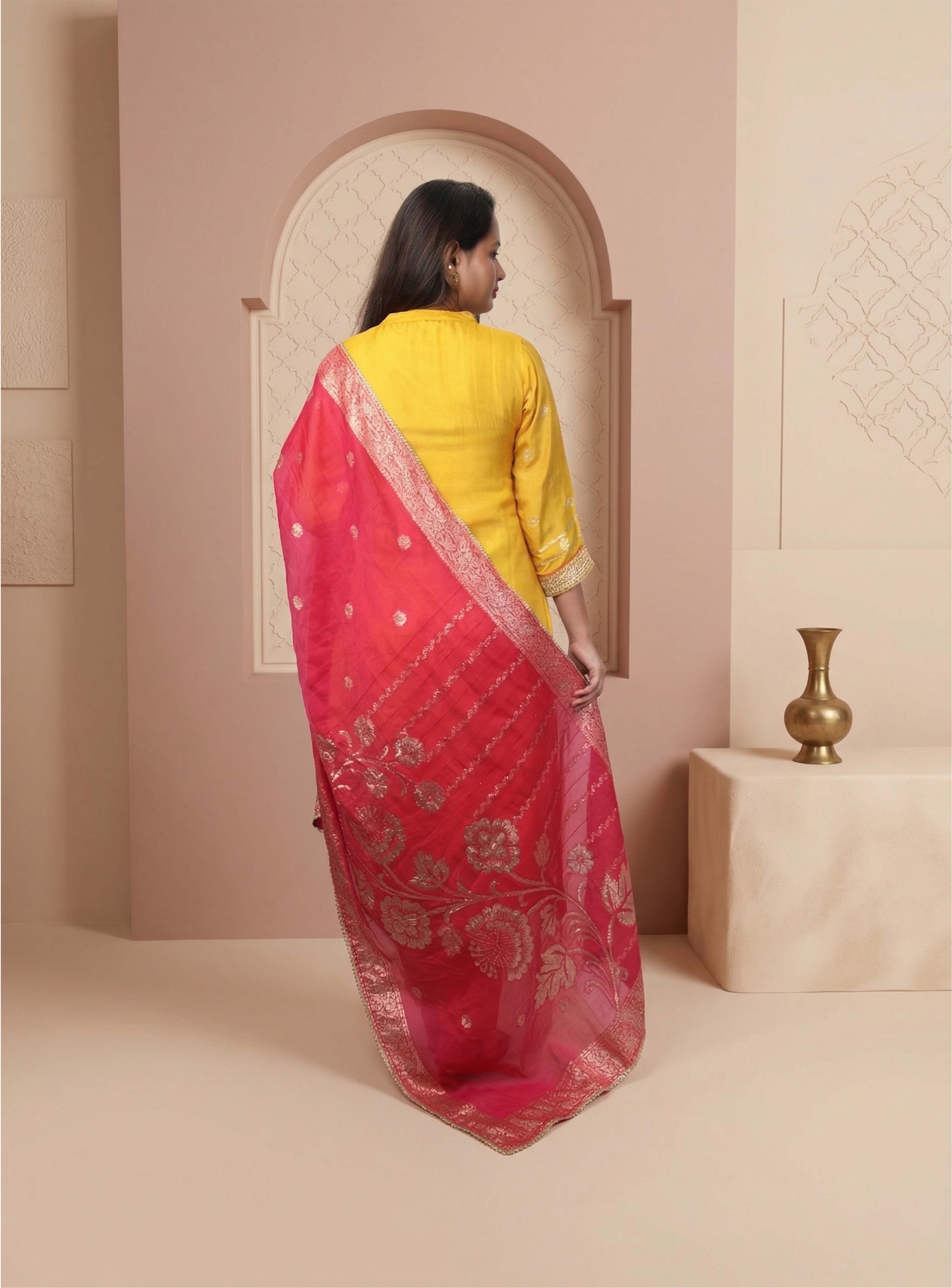 Yellow Dola silk straight suit-set with dupatta