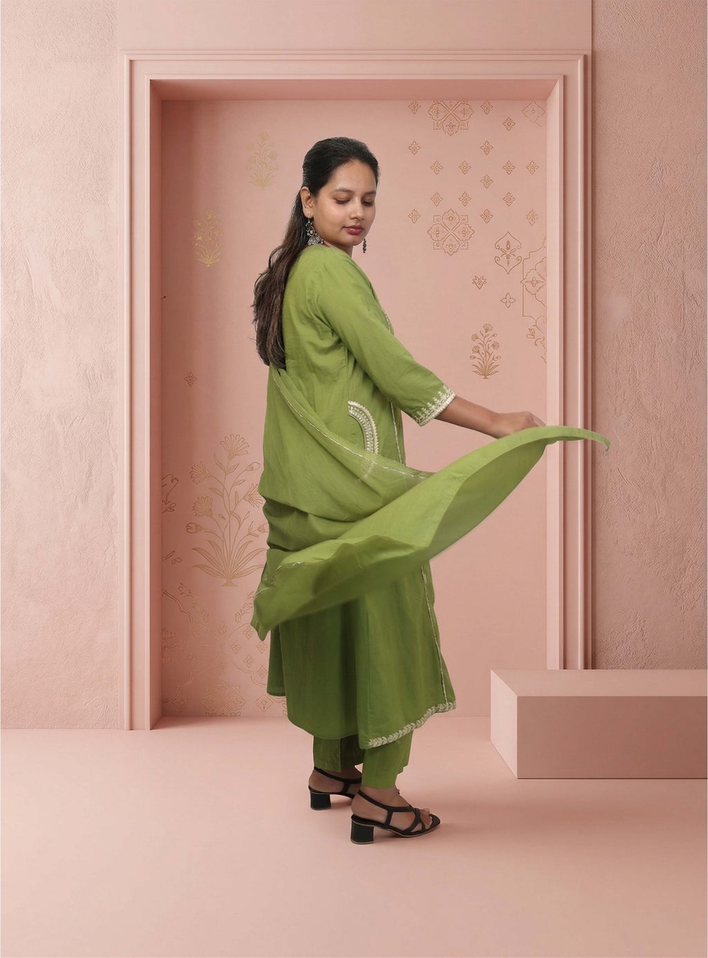 Green cotton thread work A-line suit-set with dupatta