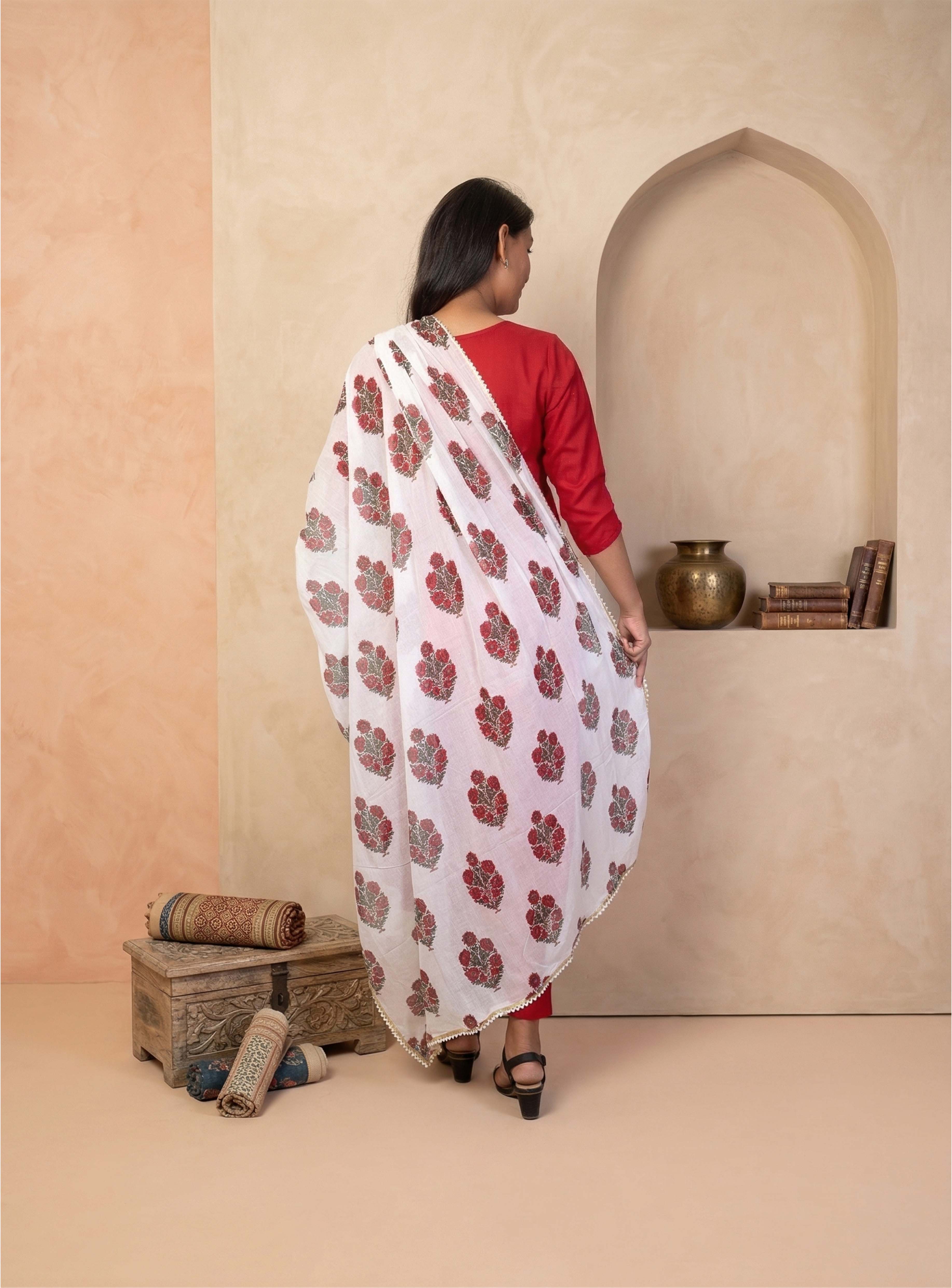 Red cotton blend anarkali suit set with dupatta