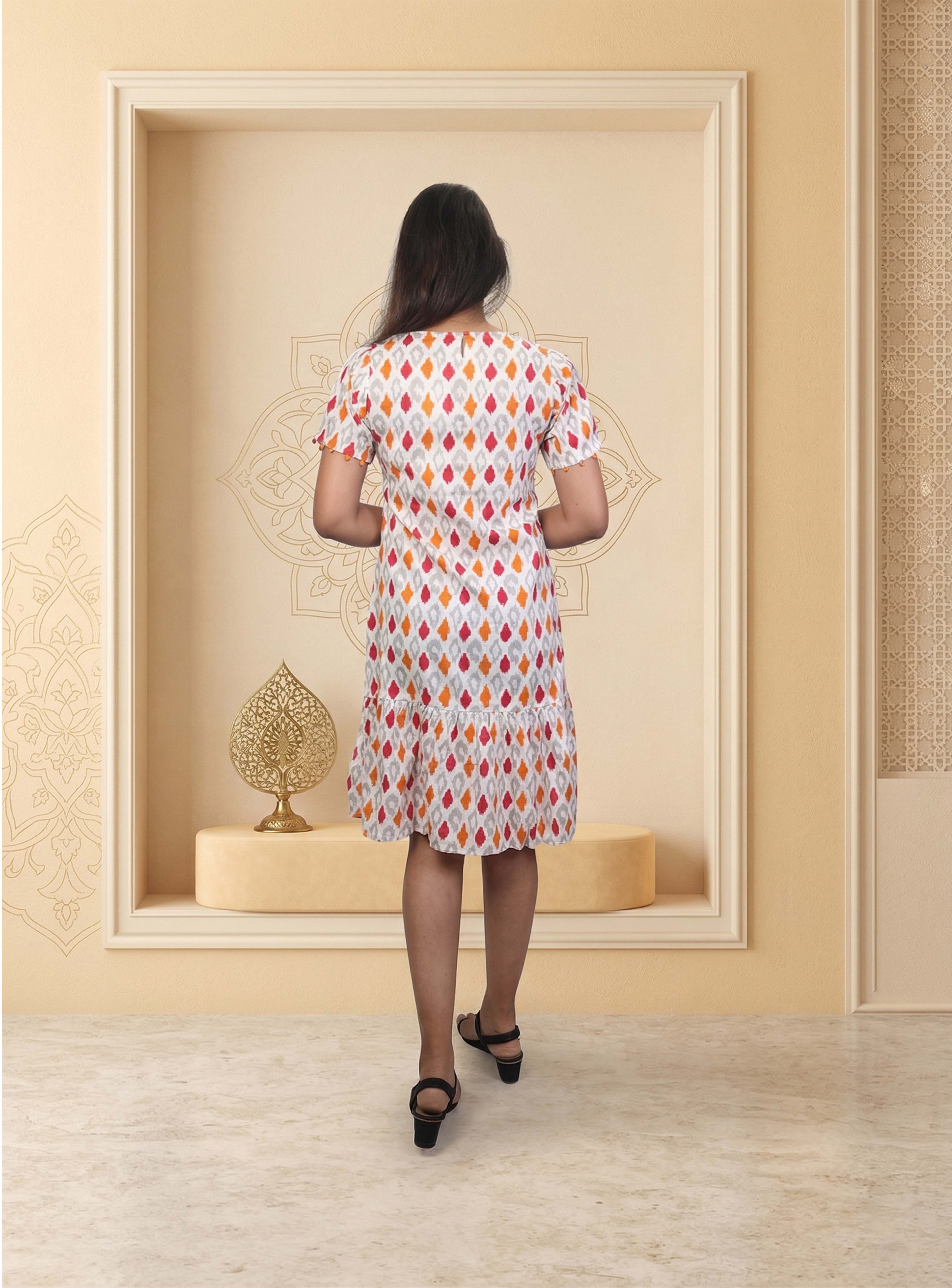 White and multicolour cotton straight dress