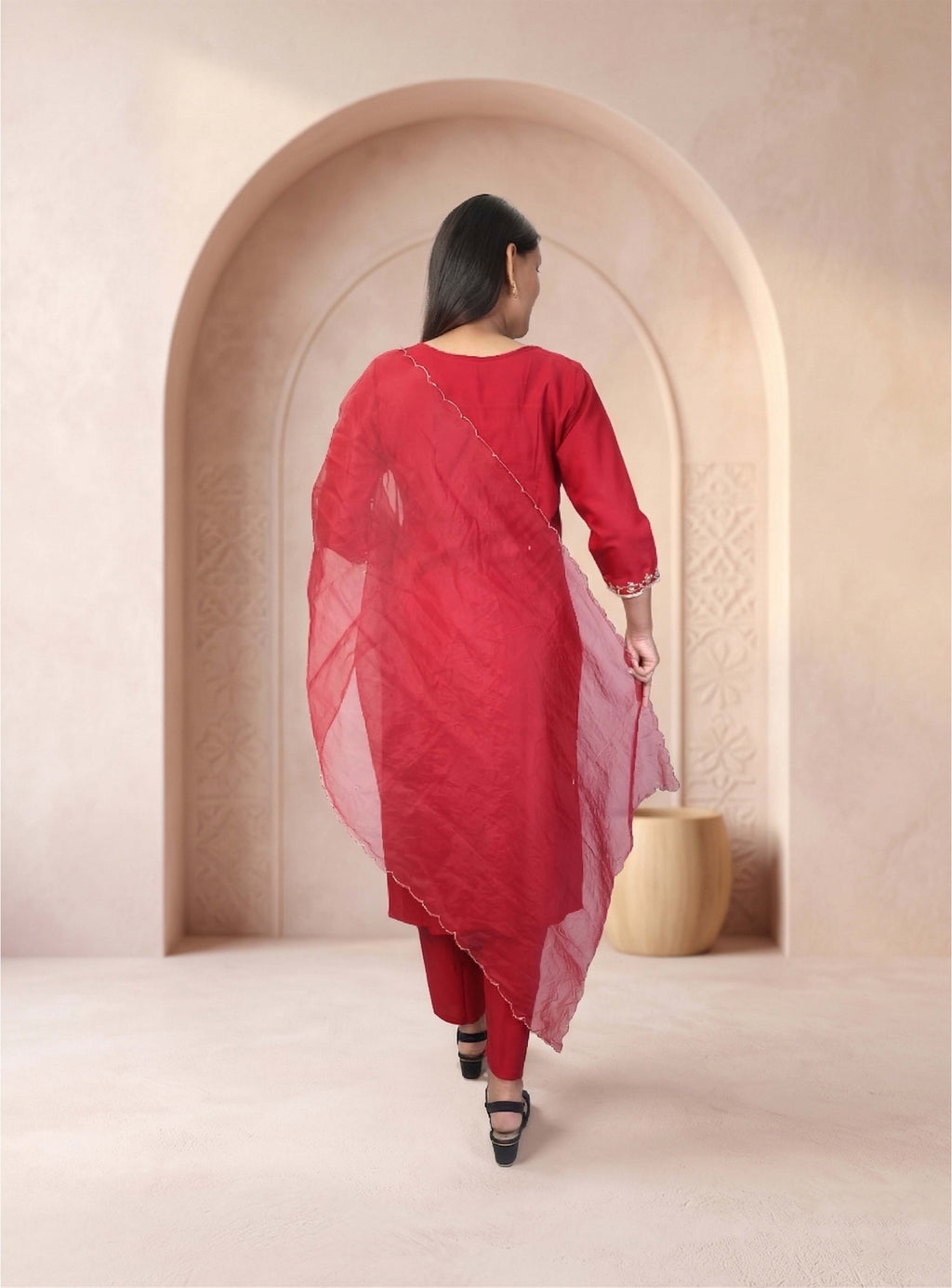 Red silk blend hand work straight suit set with dupatta