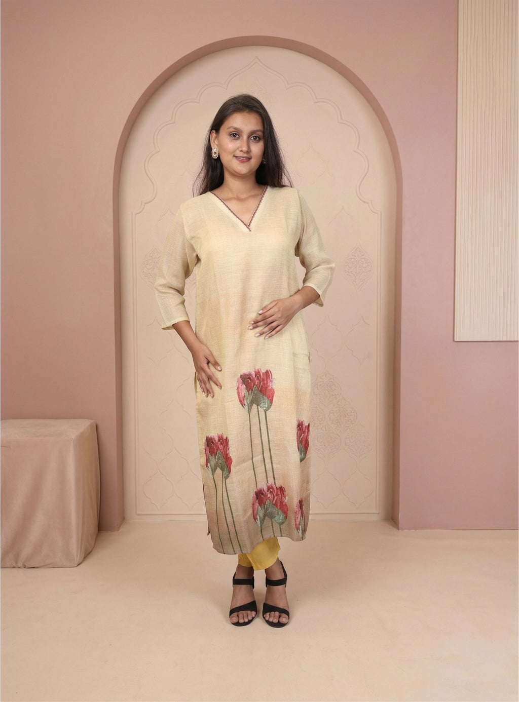 Beige Linen Handpainted straight suit-set with Dupatta