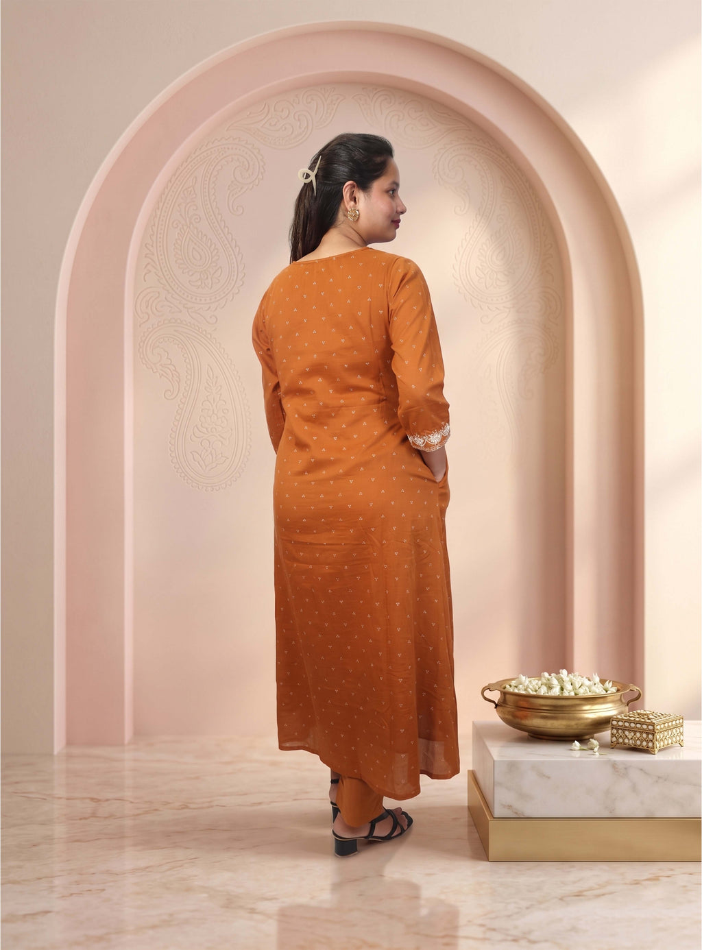 Rust orange Mull cotton A line Anarkali suit set with dupatta