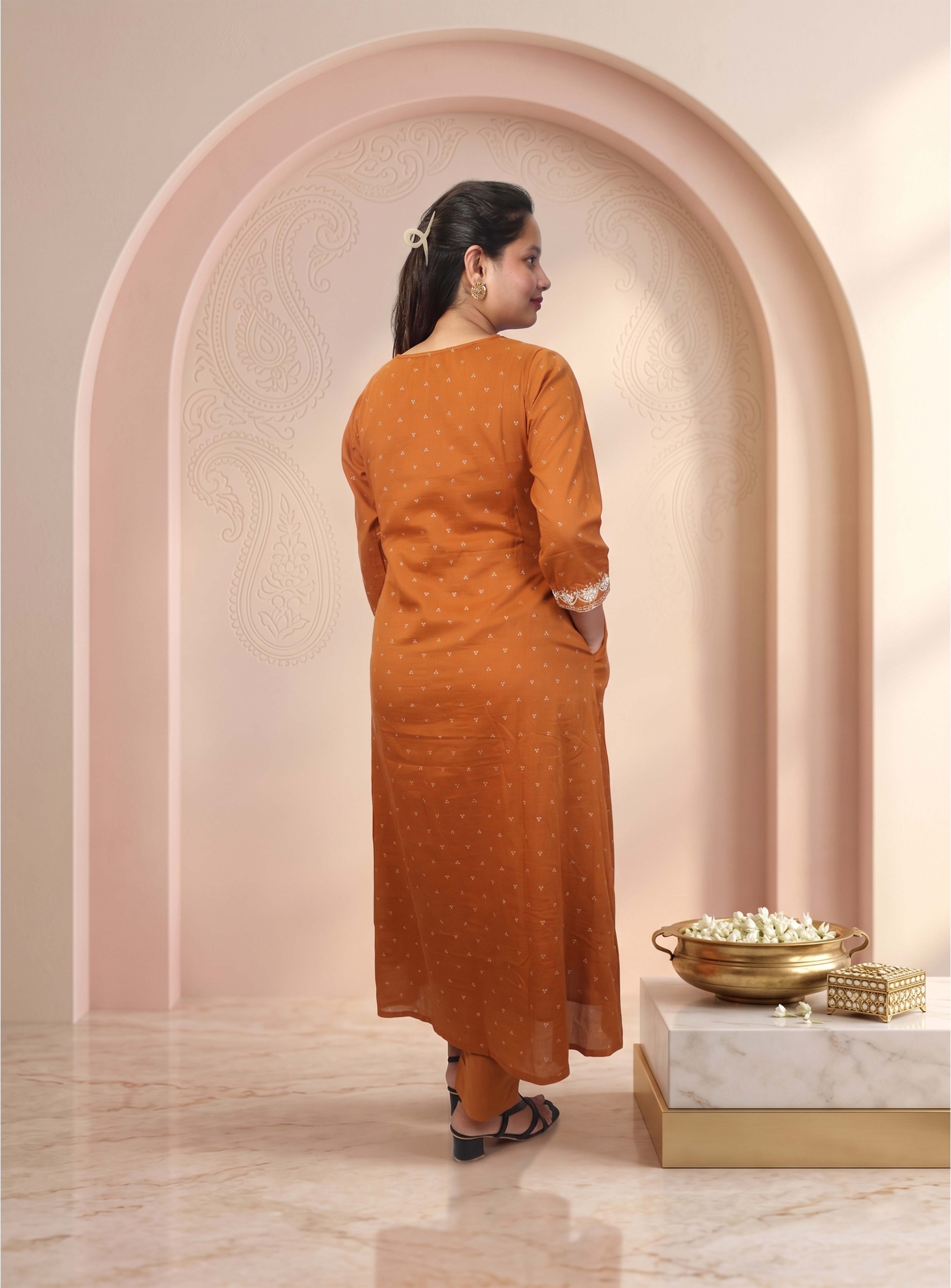 Rust orange Mull cotton A line Anarkali suit set with dupatta
