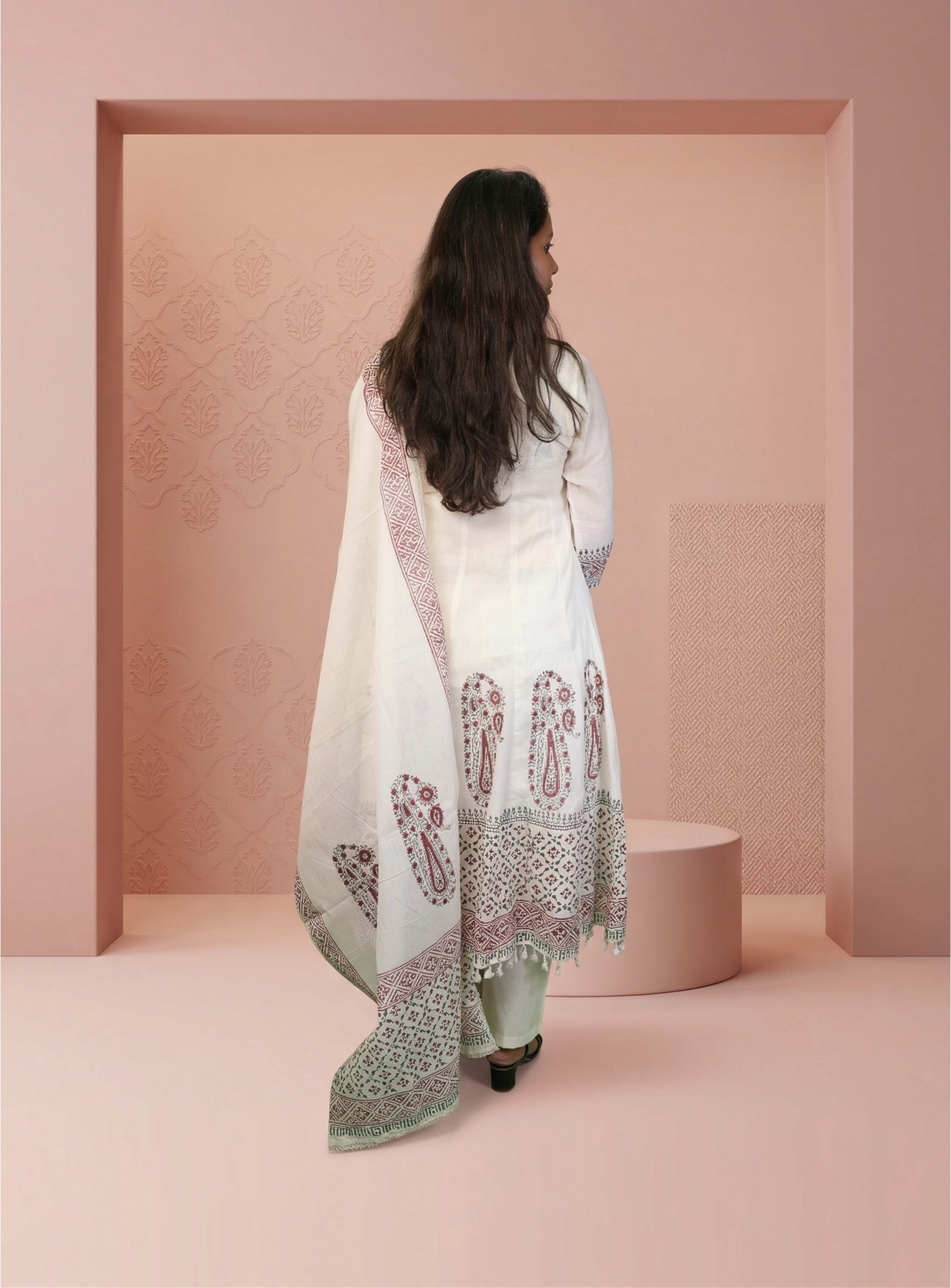 Handloom white blockprint anarkali with dupatta