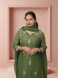 Green banarasi mul chanderi A-line handwork suit-set with dupatta