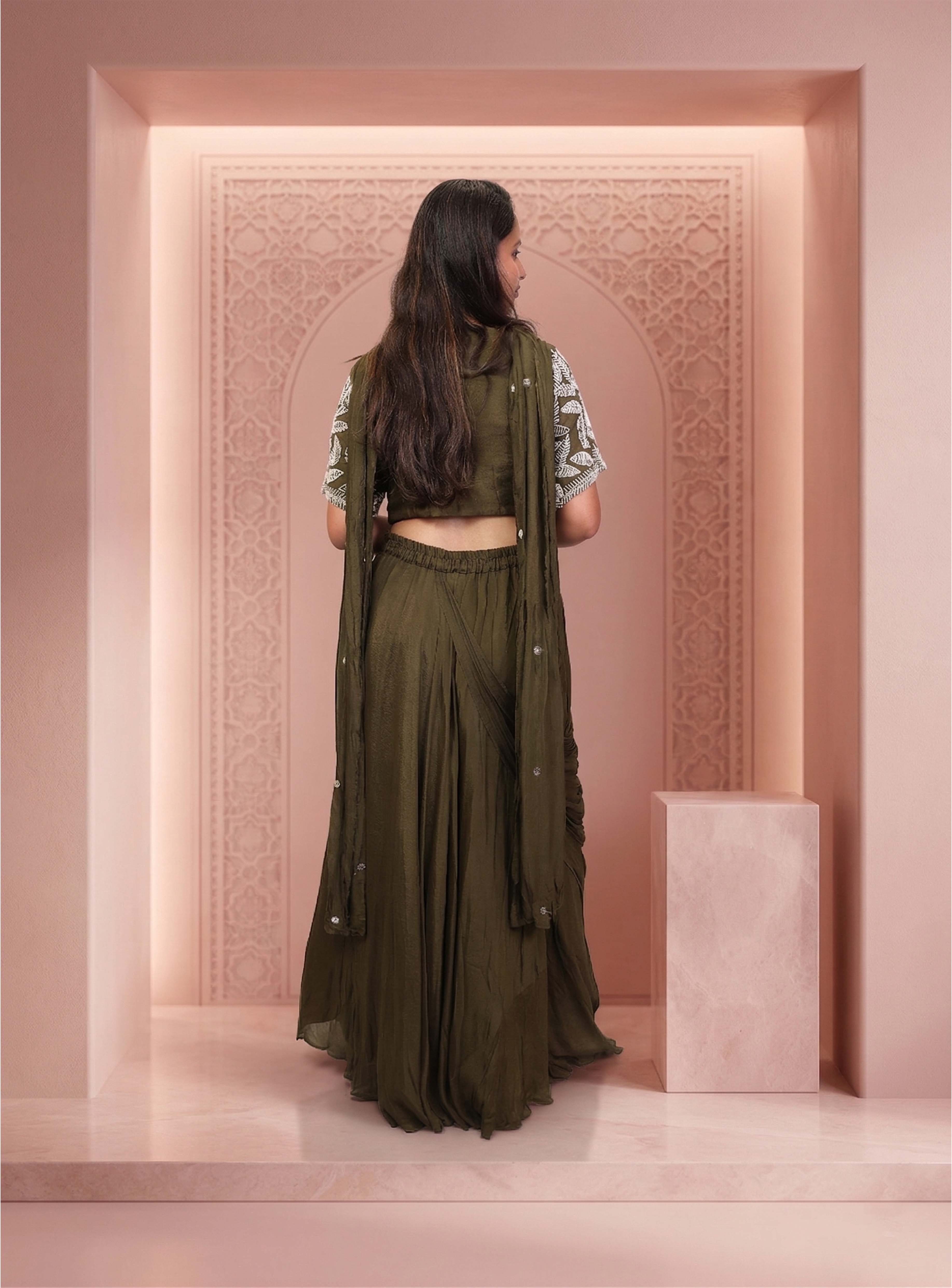 Green chinon crop-top with lehnga with dupatta