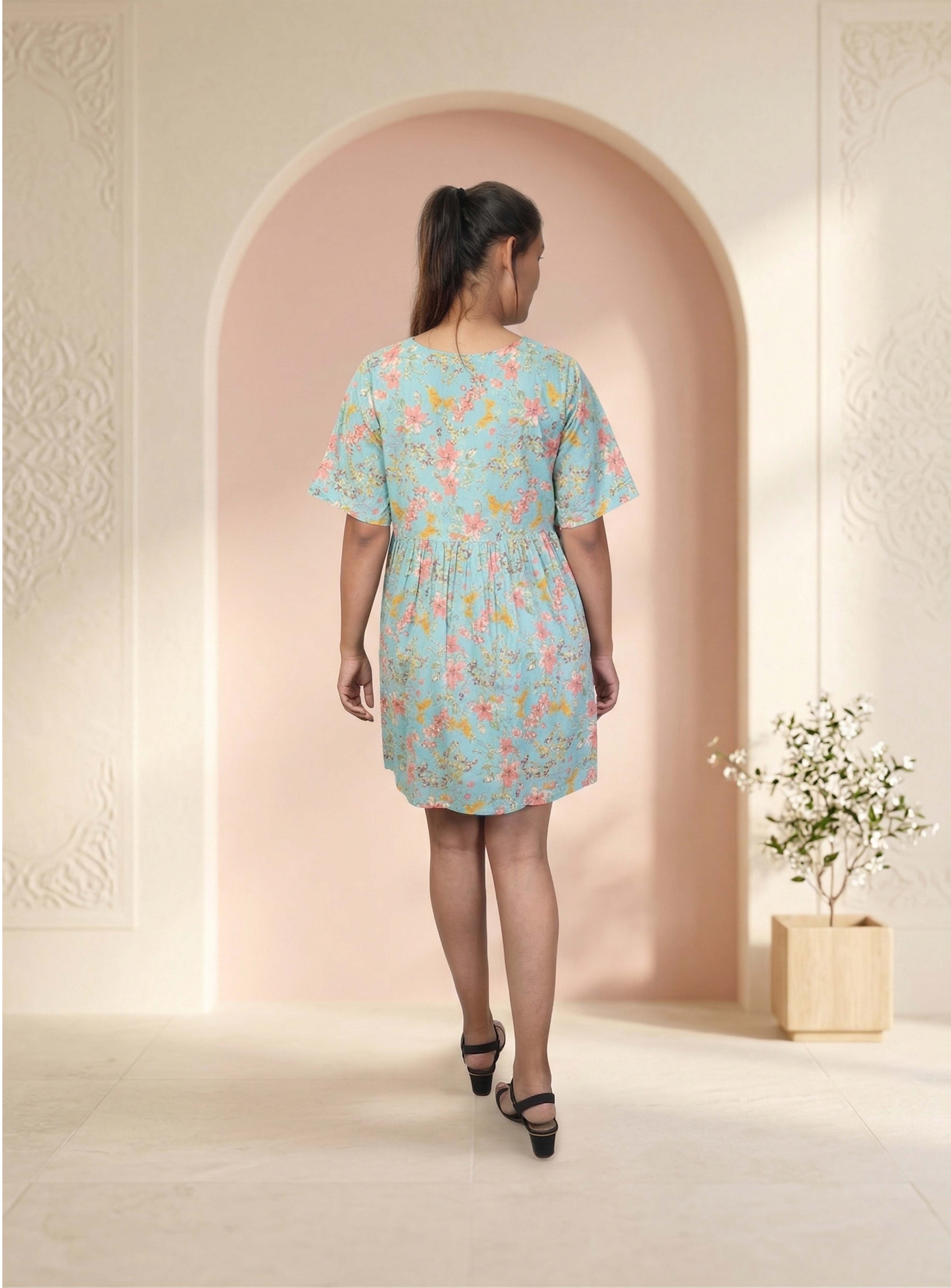 Lightblue Floral Printed cotton short dress