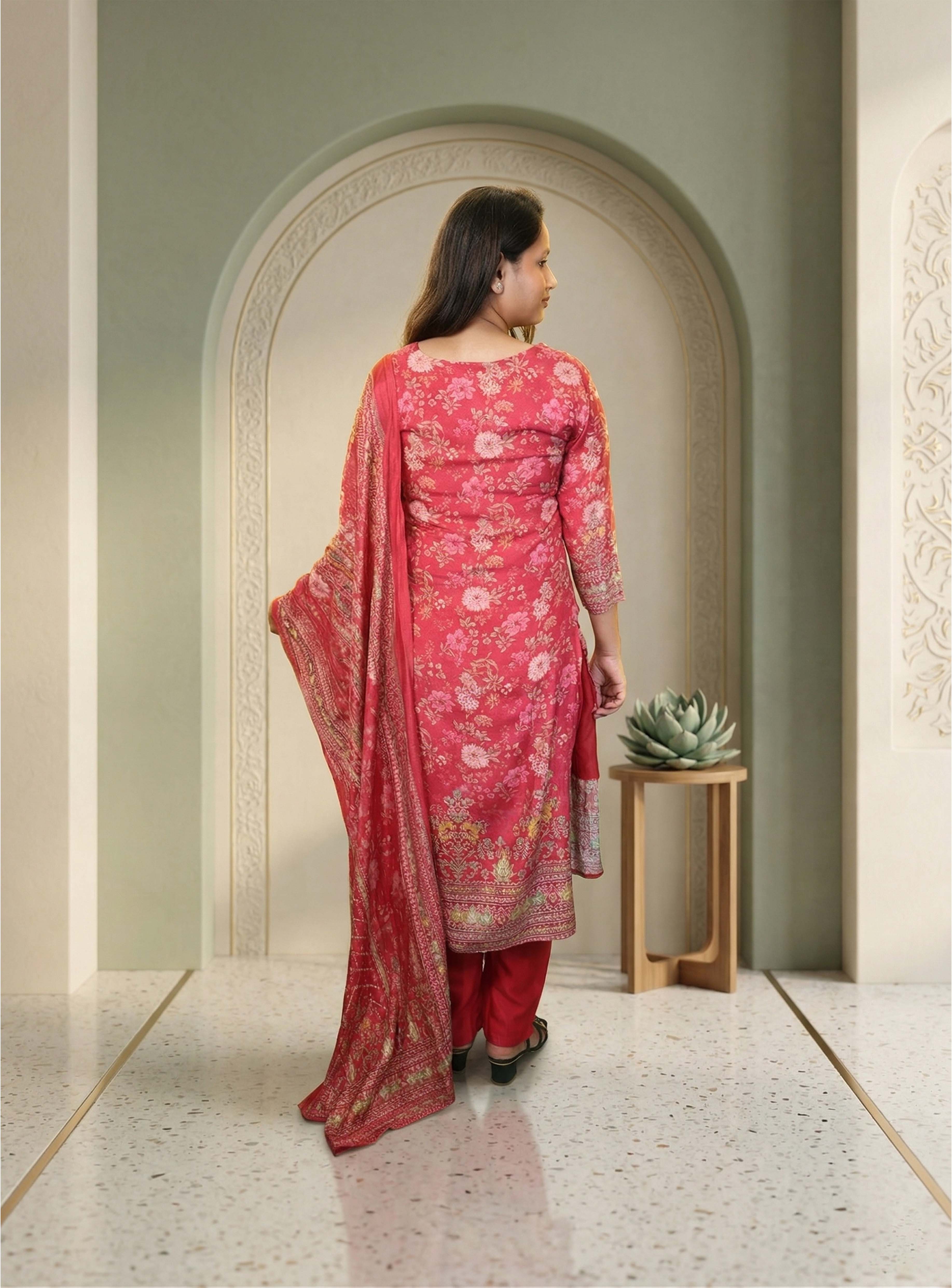 Pink muslin printed straight suit set with dupatta