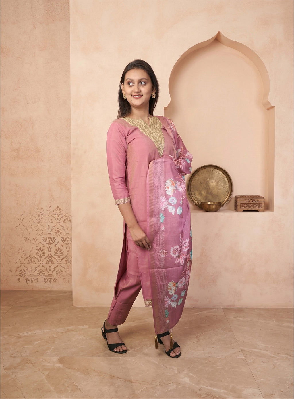 Rose pink silk blend shimmer straight suit set with dupatta