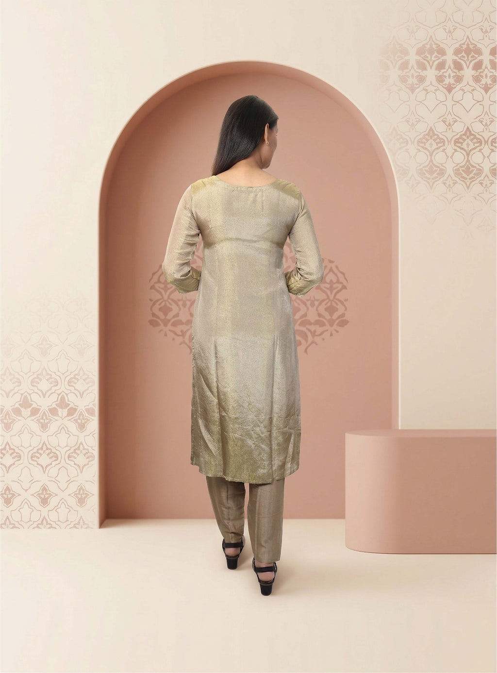 Beige tissue handwork straight suit-set  with dupatta
