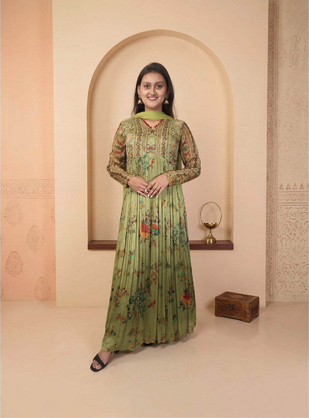 Green chinon hand work anarkali with dupatta