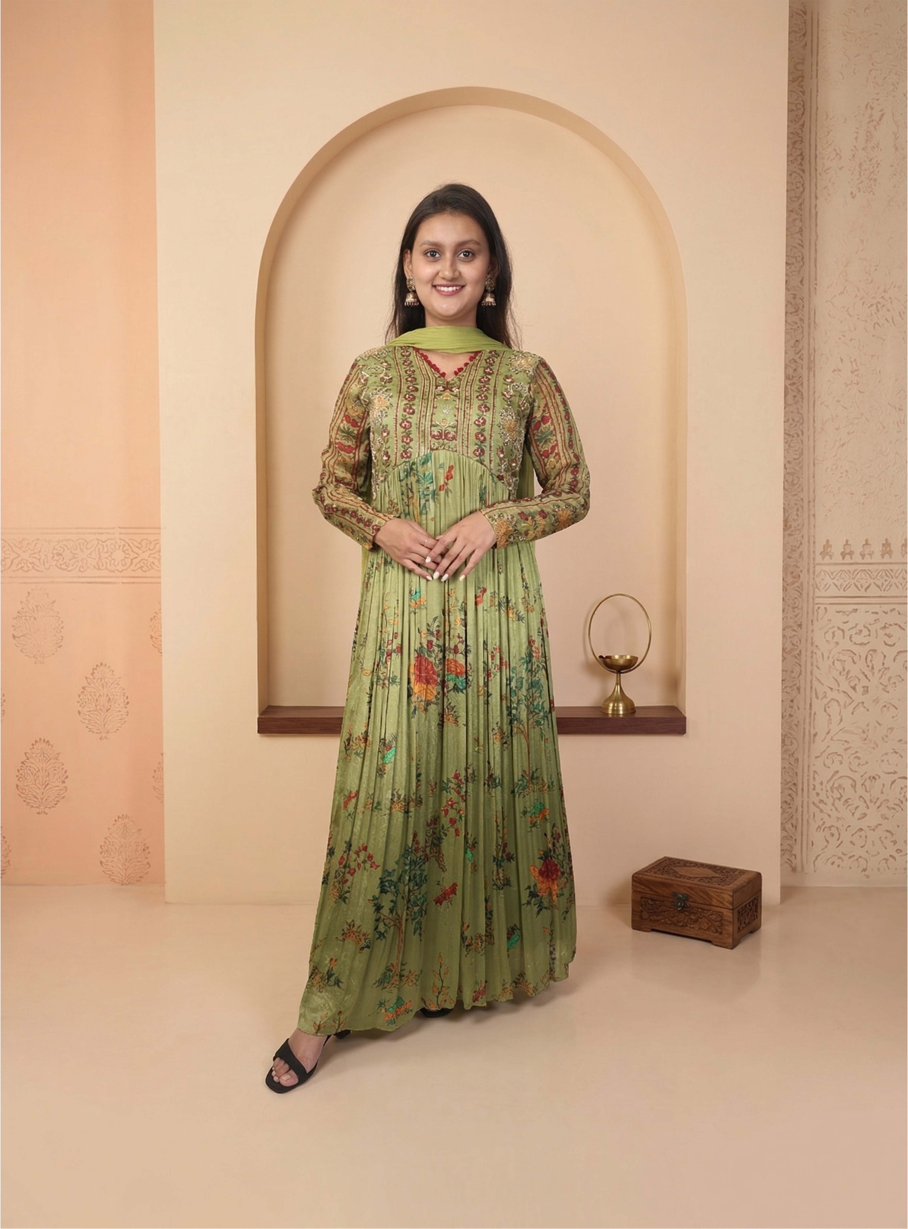 Green chinon hand work anarkali with dupatta