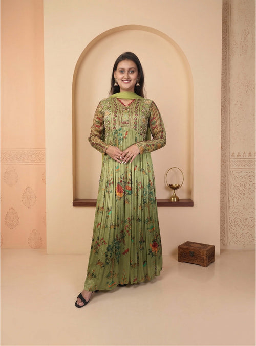 Green chinon hand work anarkali with dupatta