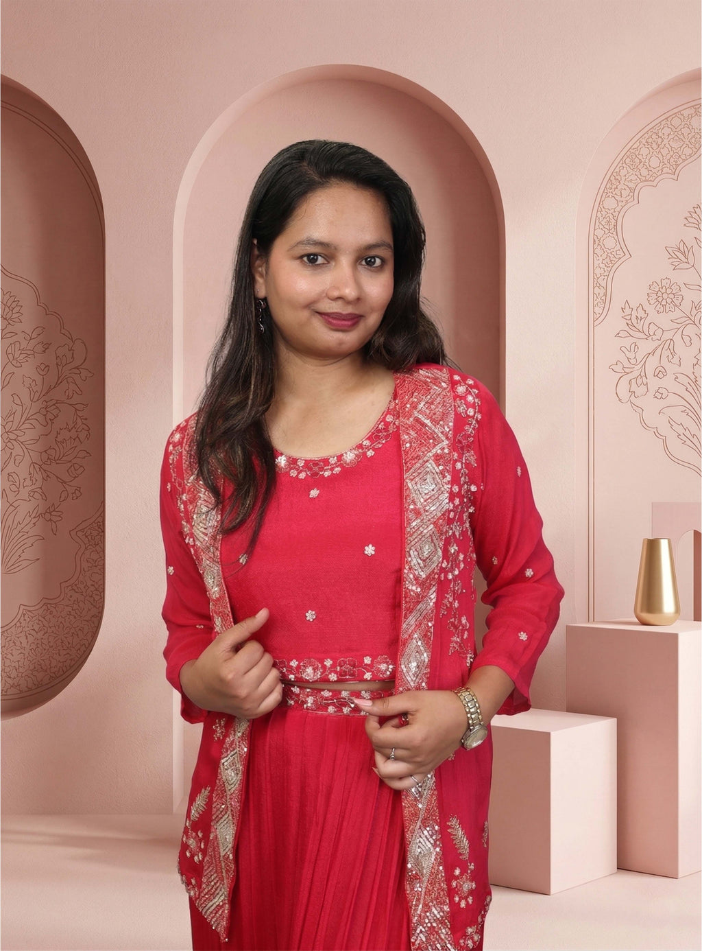 Pink chinon crop-top with jacket, with plazzo pant
