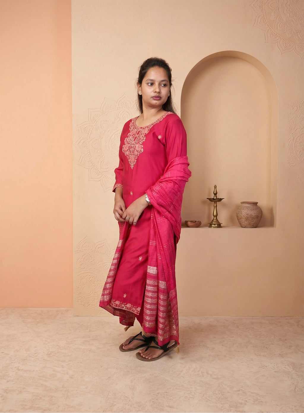 Pink silk blend straight suit set with dupatta