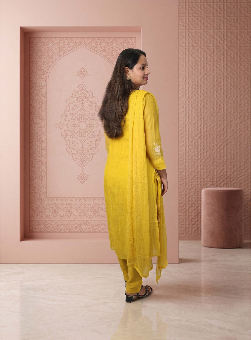 Yellow Banarasi mull chanderi straight handwork suit set with dupatta