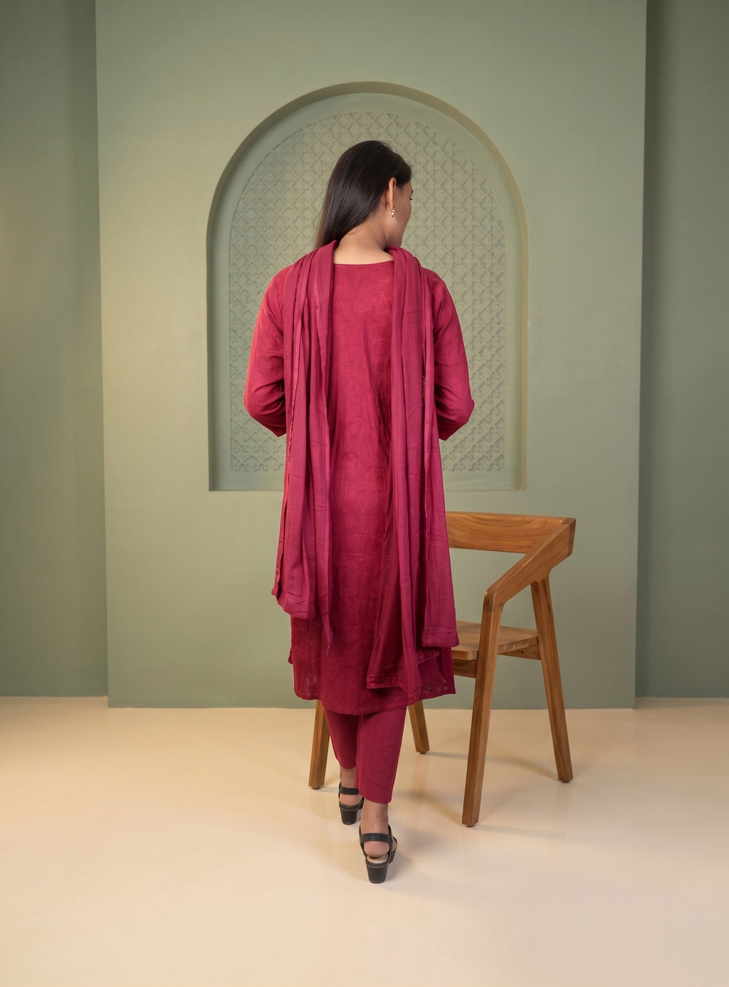 Bright maroon dobby cotton straight suit set with dupatta