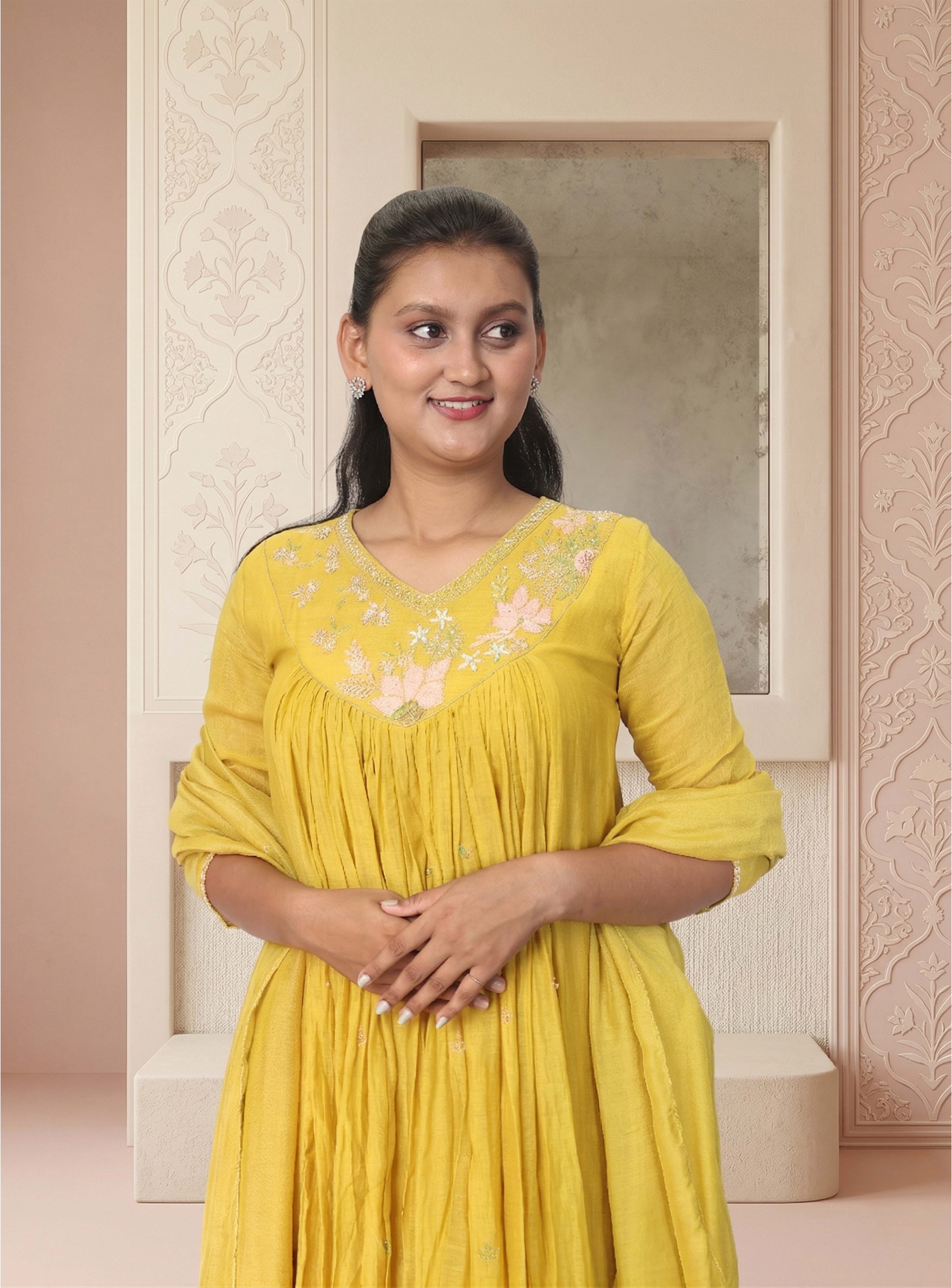 Mustard Banarasi Mul Chanderi Anarkali Suit-set with dupatta
