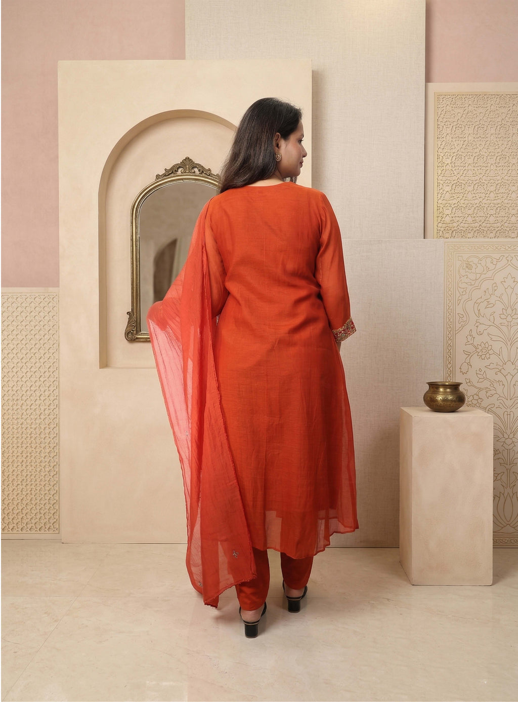 Rust Orange Banarasi Mul Chanderi Anarkali Suit-set with dupatta