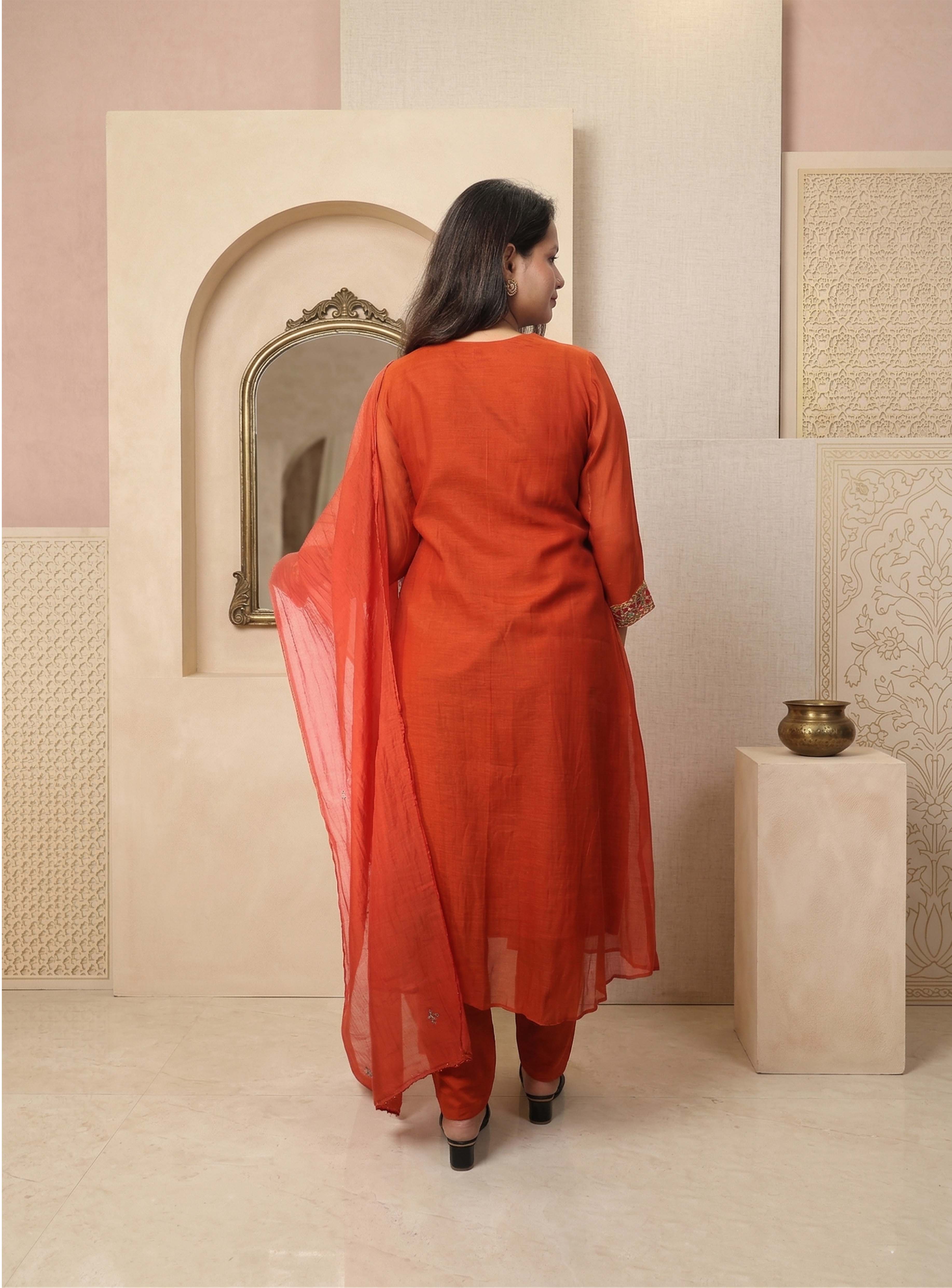Rust Orange Banarasi Mul Chanderi Anarkali Suit-set with dupatta