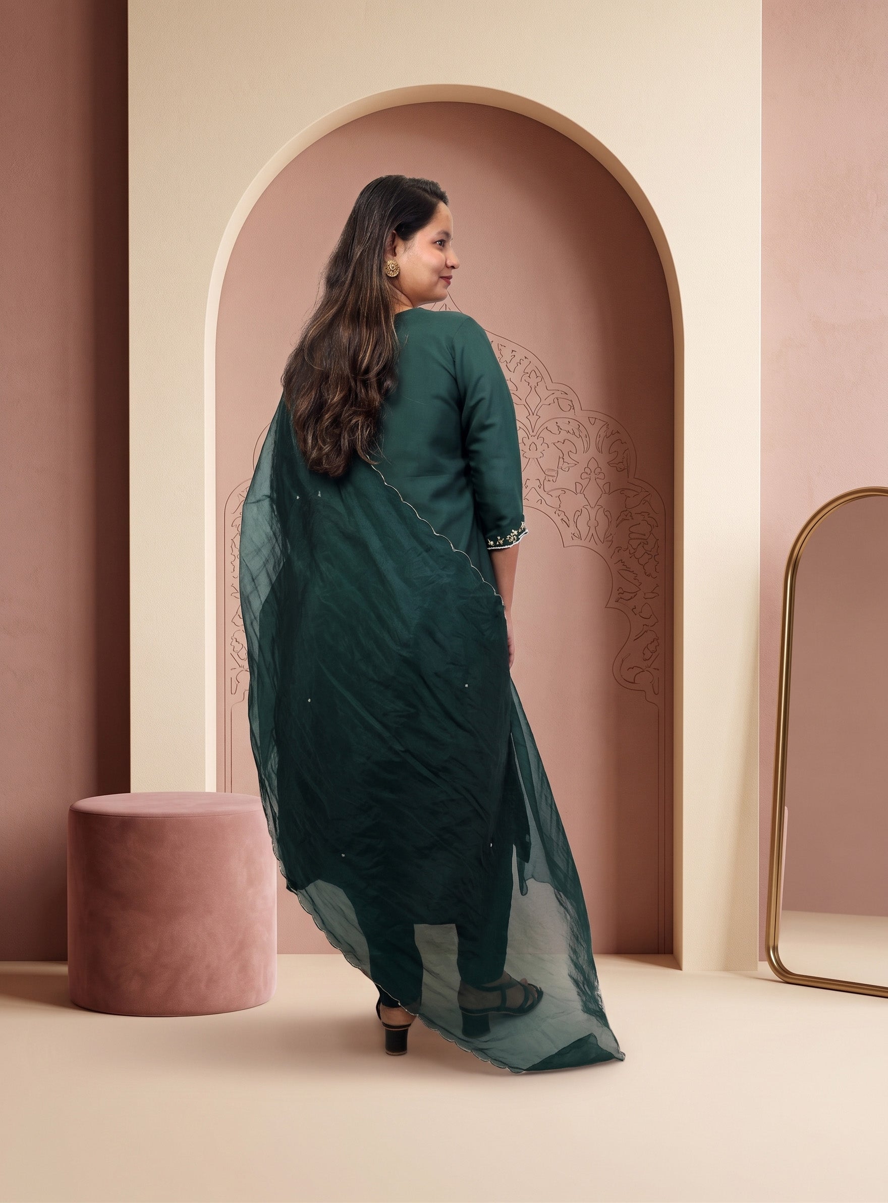 Dark Green silk blend hand work straight suit set with dupatta