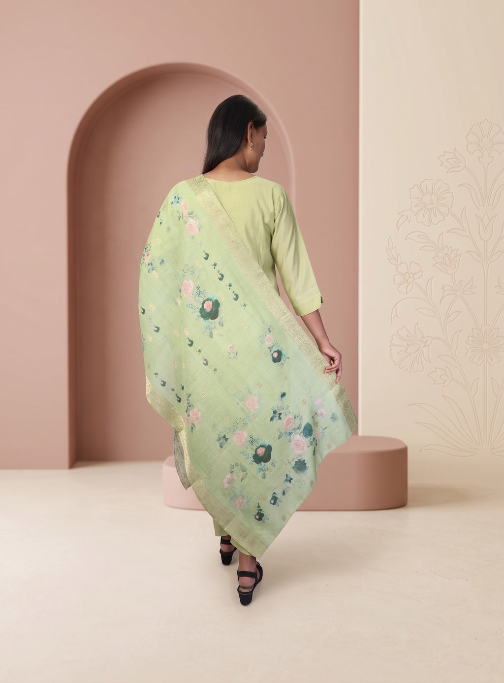 Pastel green silk blend straight suit set with dupatta