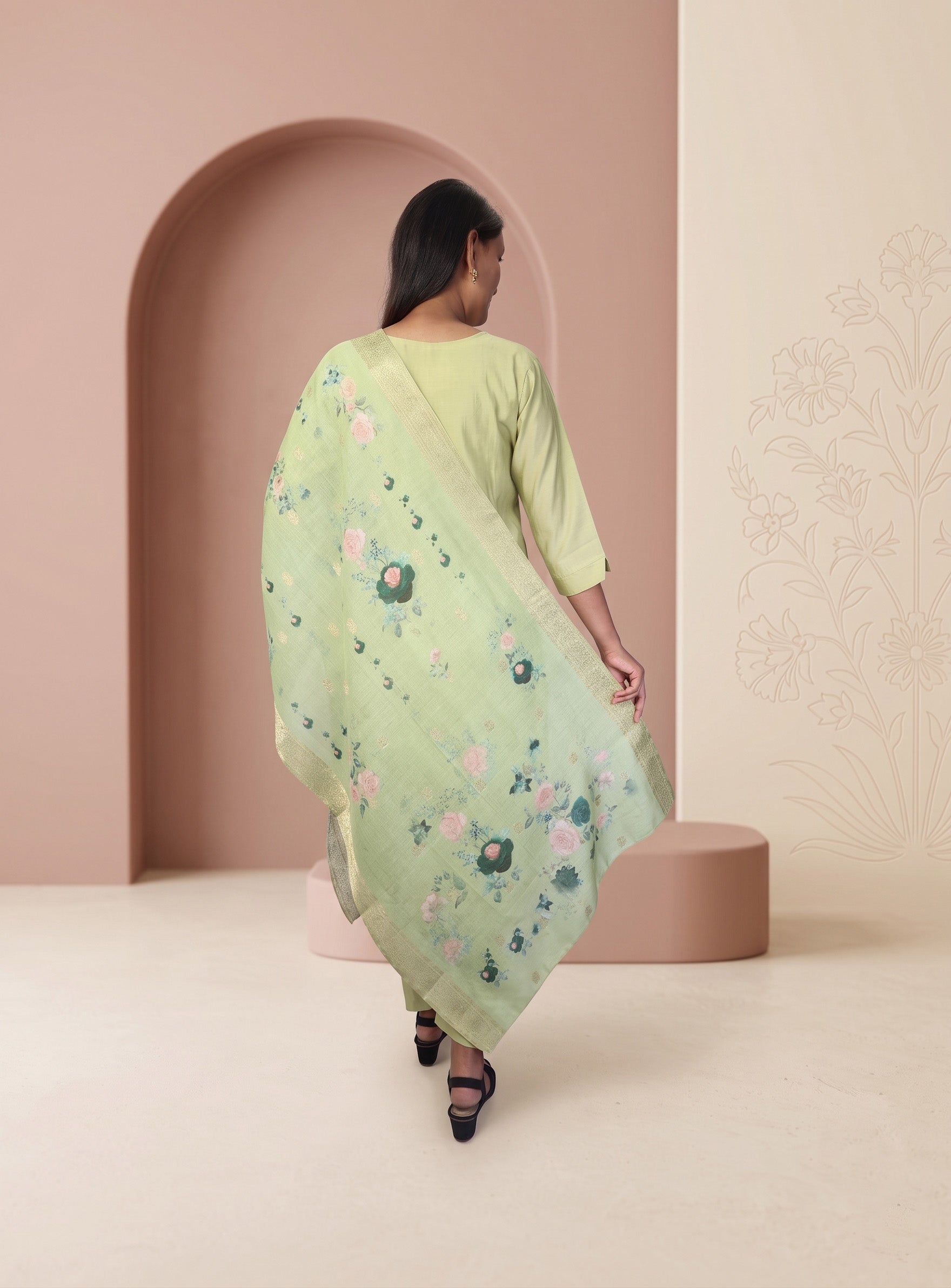 Pastel green silk blend straight suit set with dupatta
