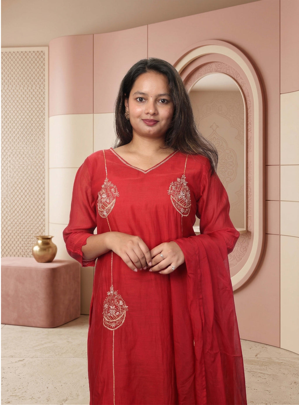 Red banarasi mul chanderi A-line suit-set with dupatta