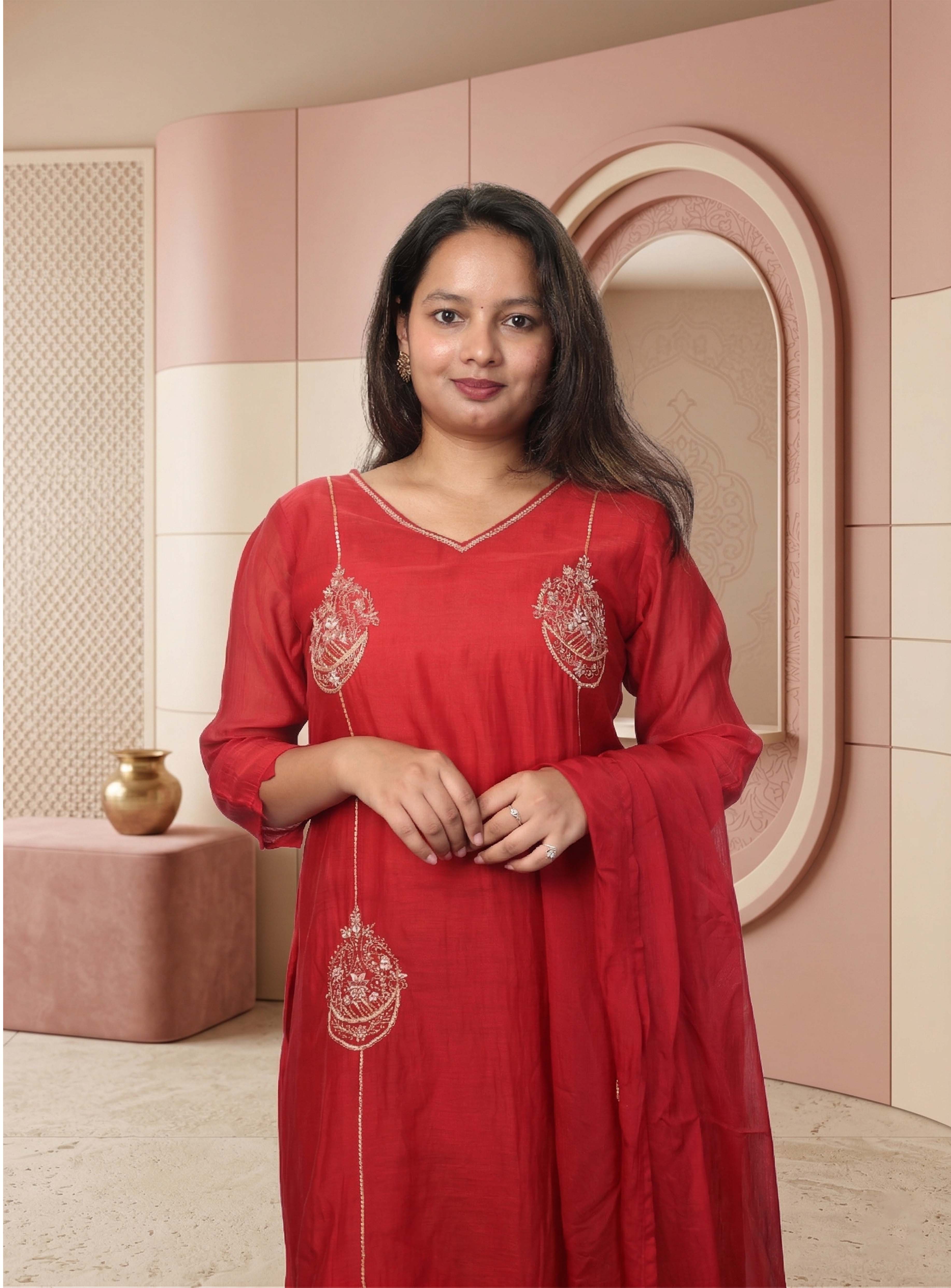 Red banarasi mul chanderi A-line suit-set with dupatta