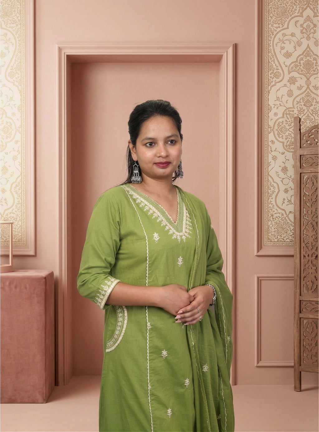 Green cotton thread work A-line suit-set with dupatta