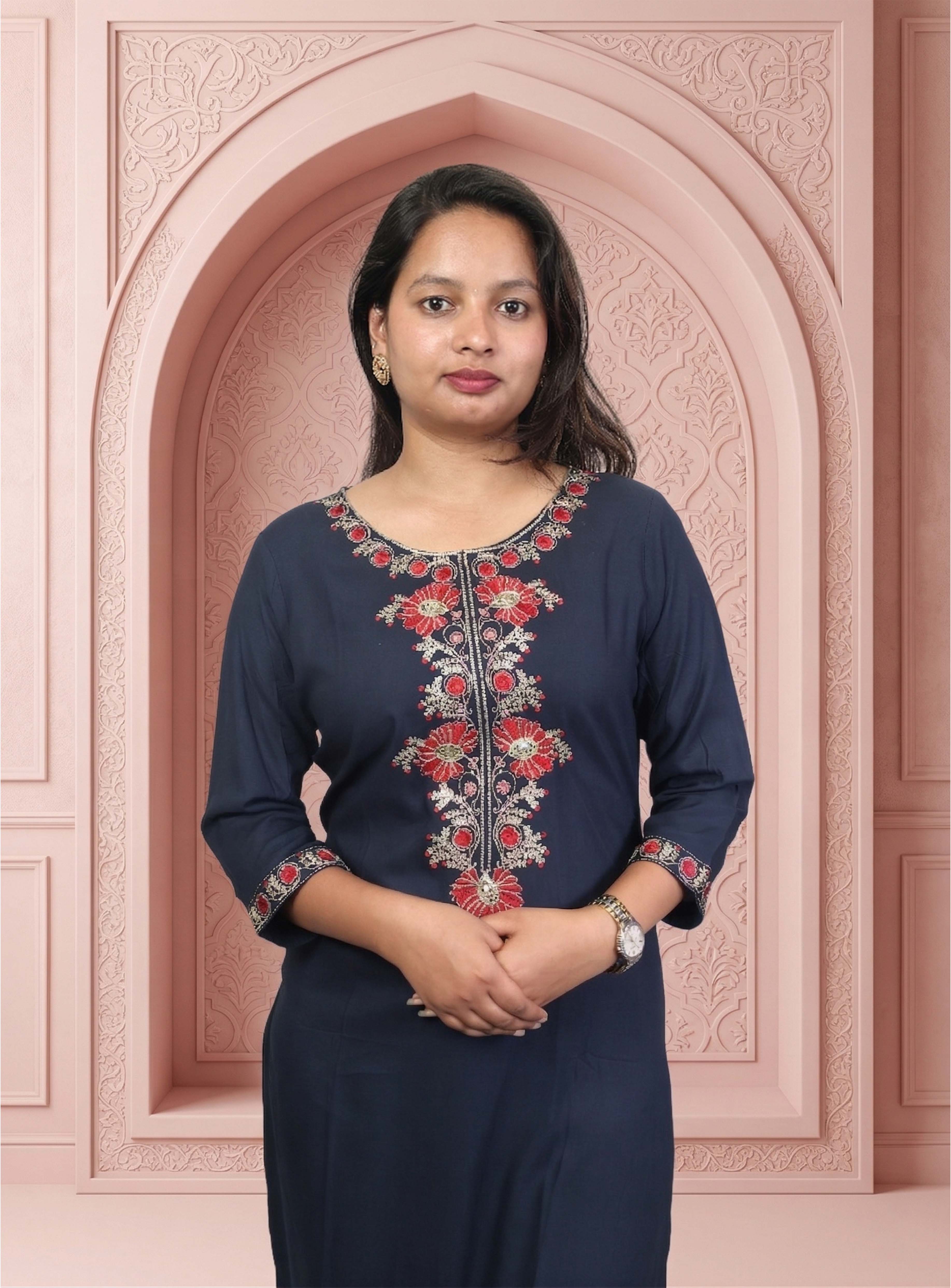 Blue embroidery silk blend straight kurta
