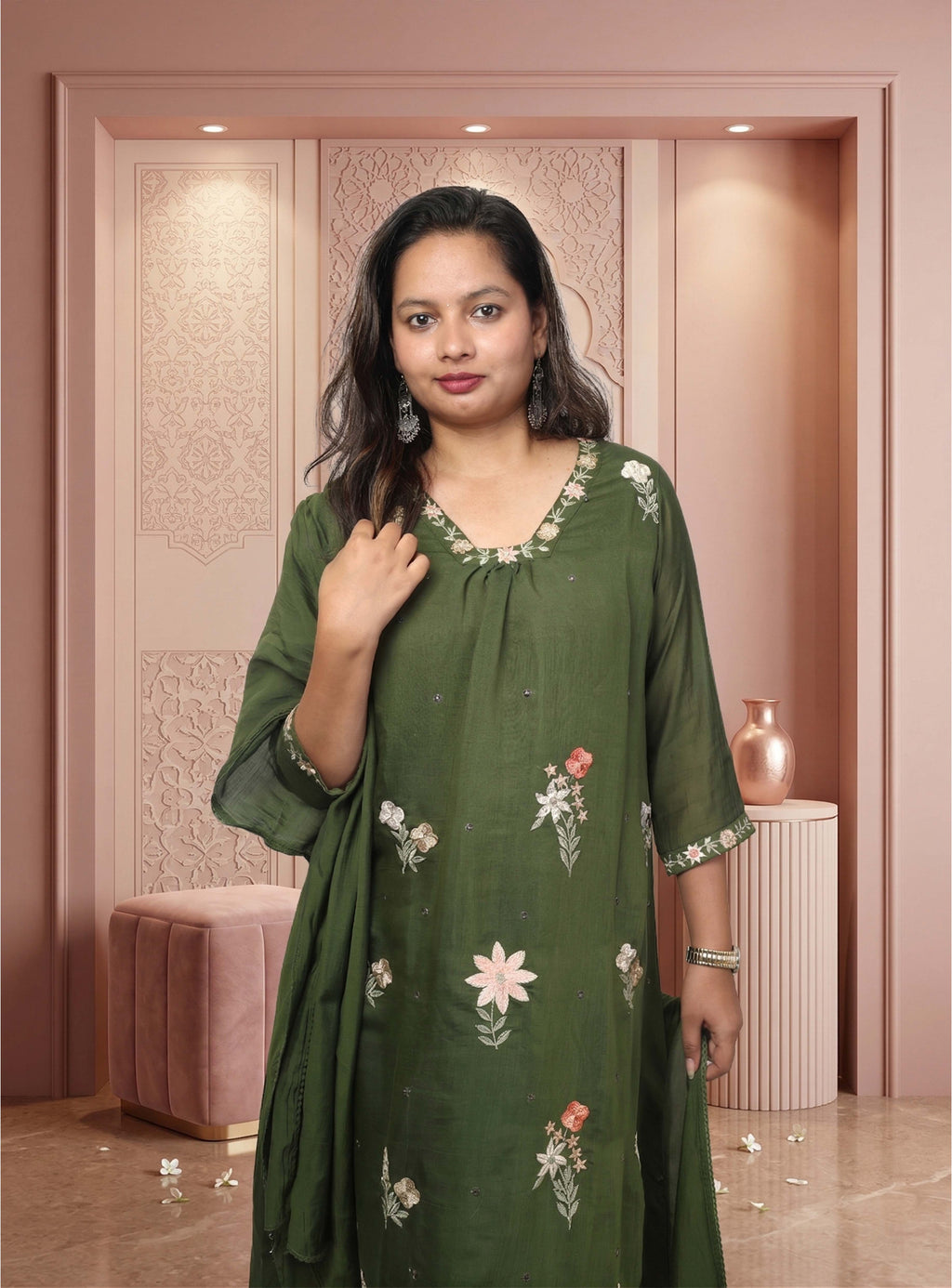 Green mul chanderi A-line suit-set with dupatta