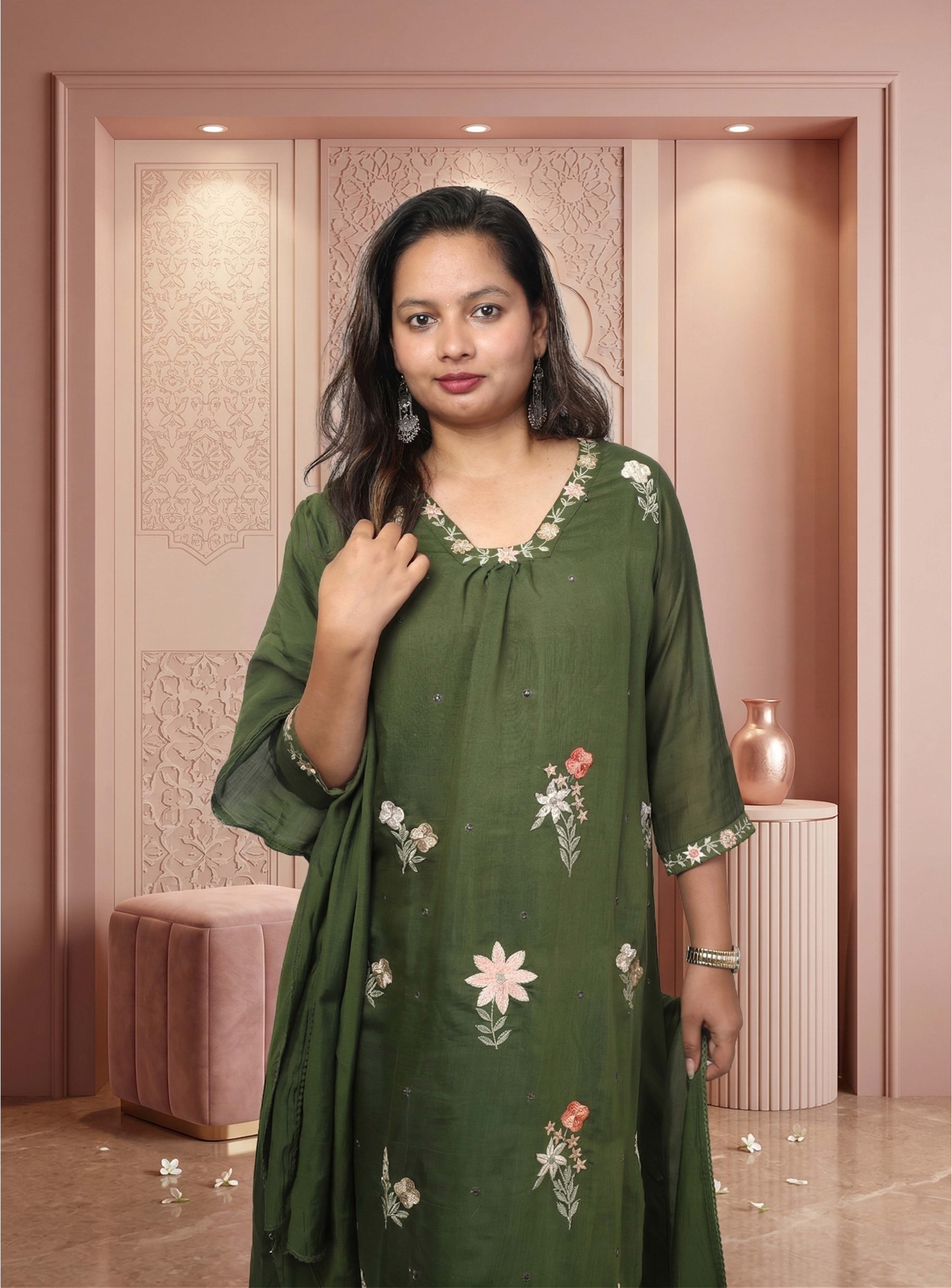 Green mul chanderi A-line suit-set with dupatta
