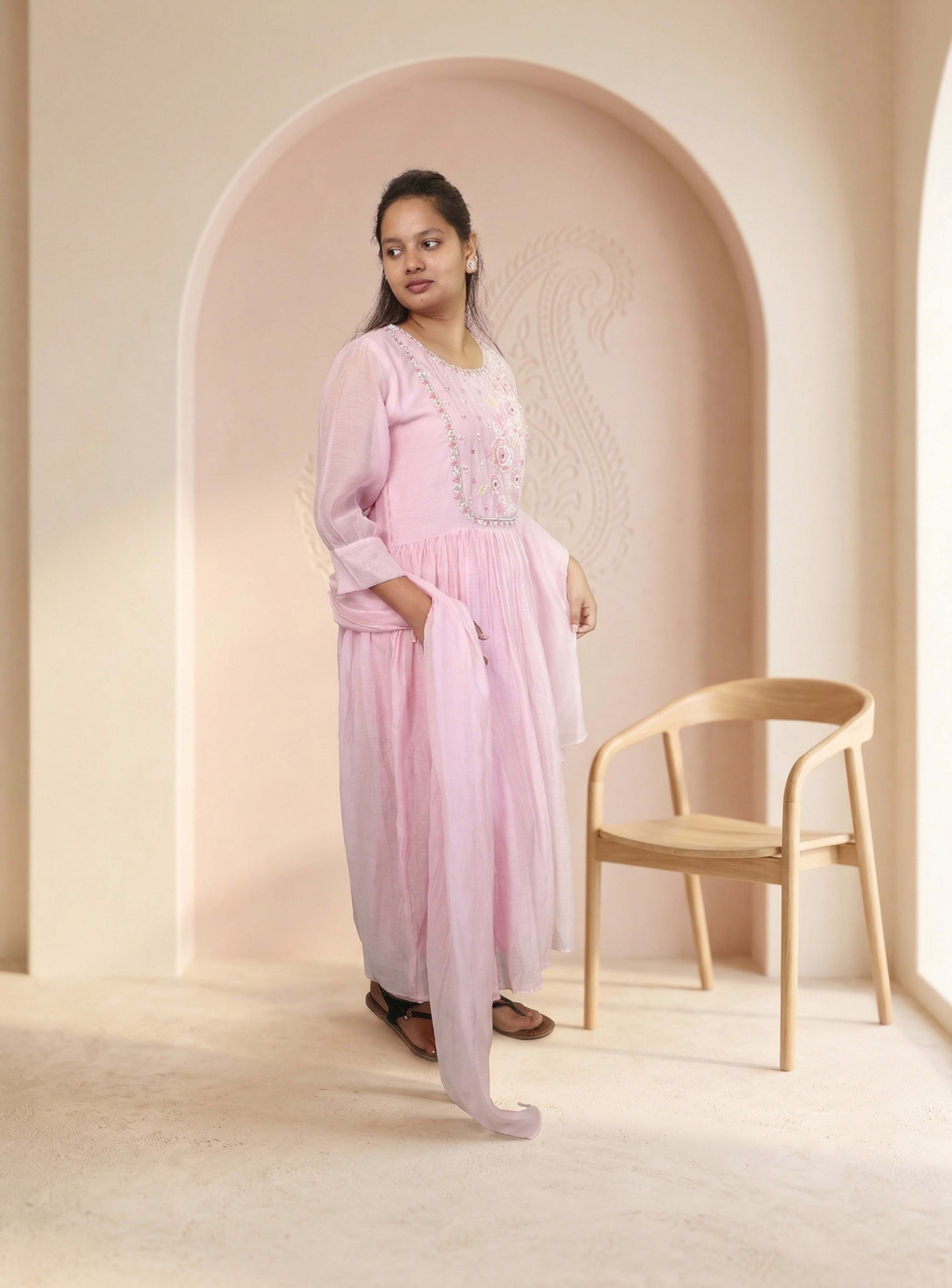 Pink Banarasi mul chanderi Anarkali set with dupatta