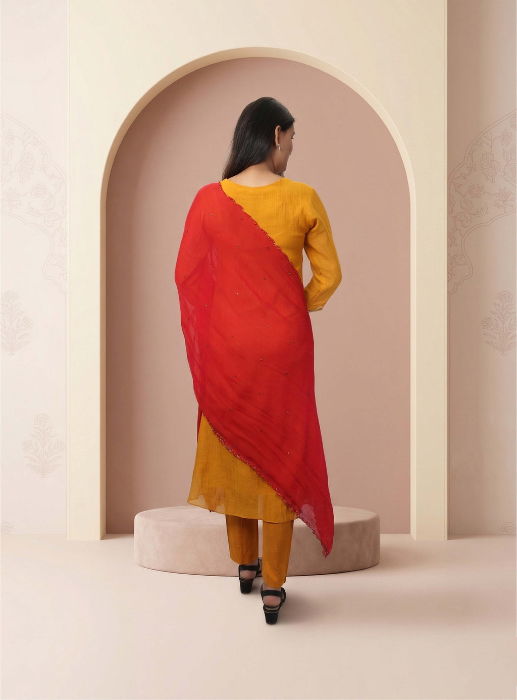 Mustard Banarasi Mul Chanderi A-line Suit-set with dupatta