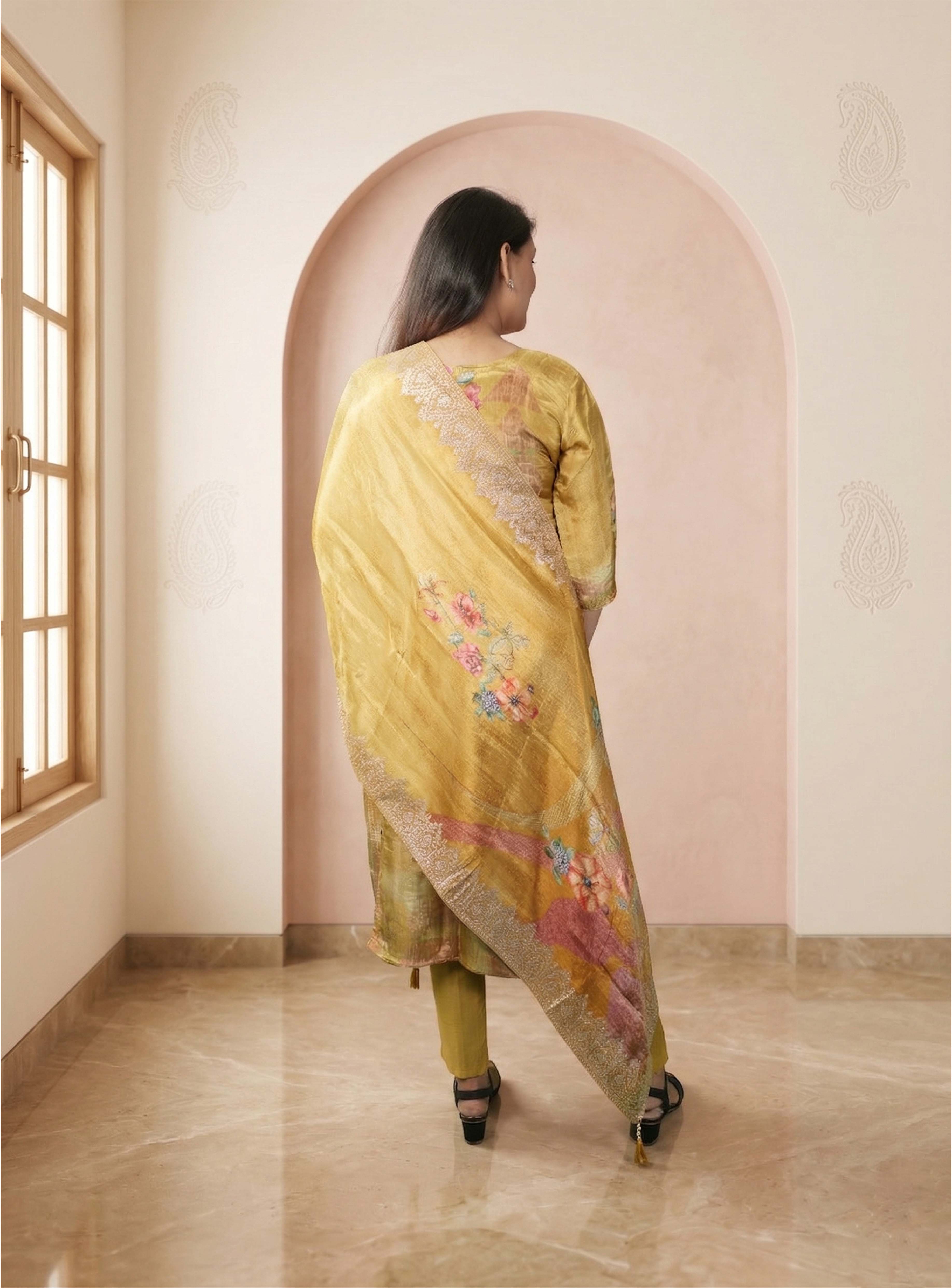 Musterd pure creap printed straight suit set with dupatta