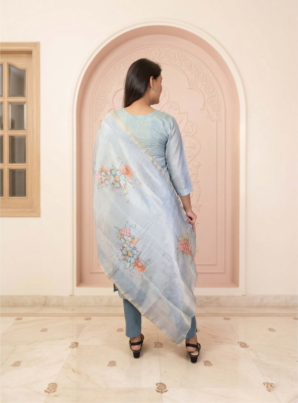 Baby blue chanderi straight suit set with dupatta