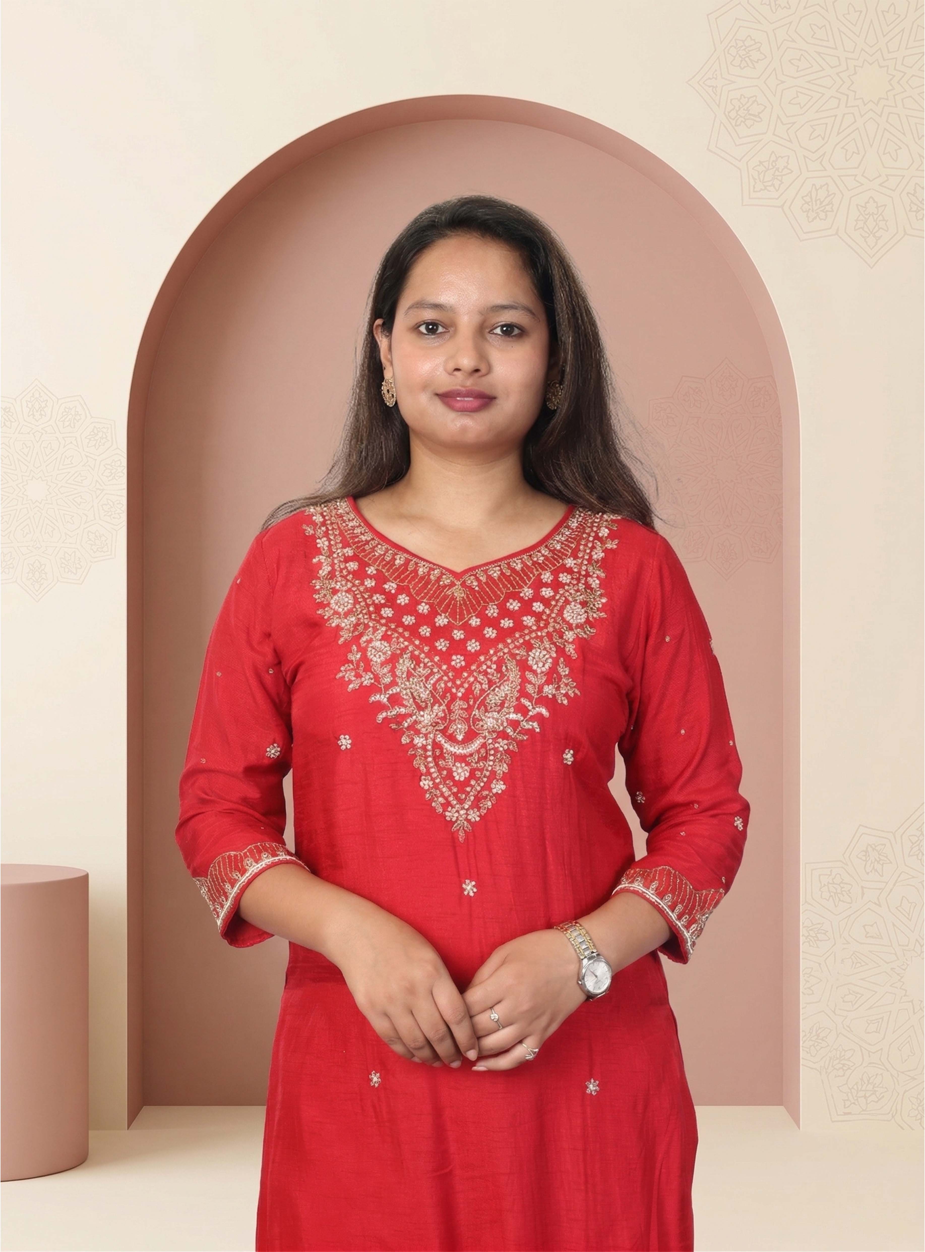 Red dola silk A-line suit-set with dupatta