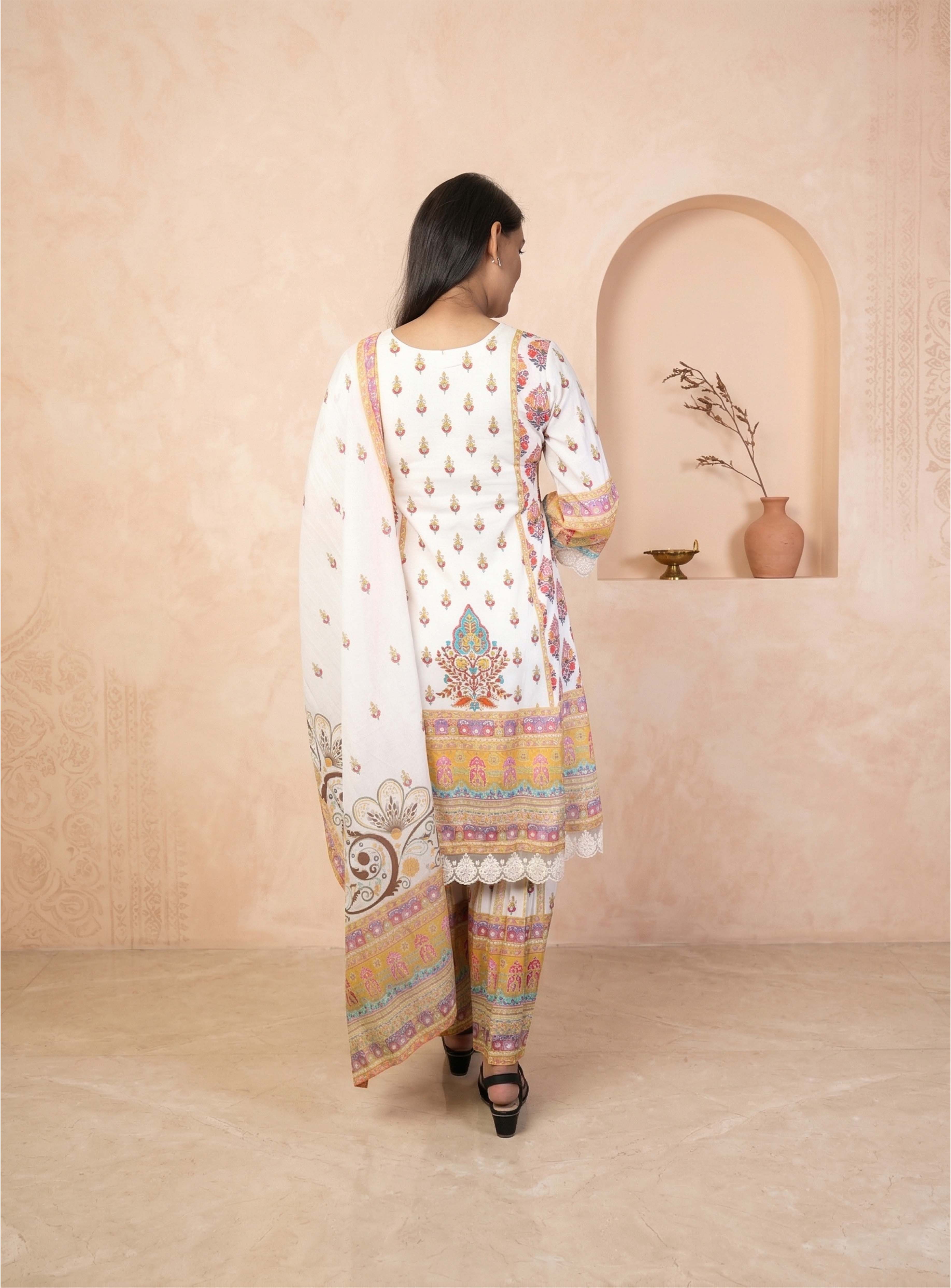 Off white mull cotton short anarkali suit set with dupatta