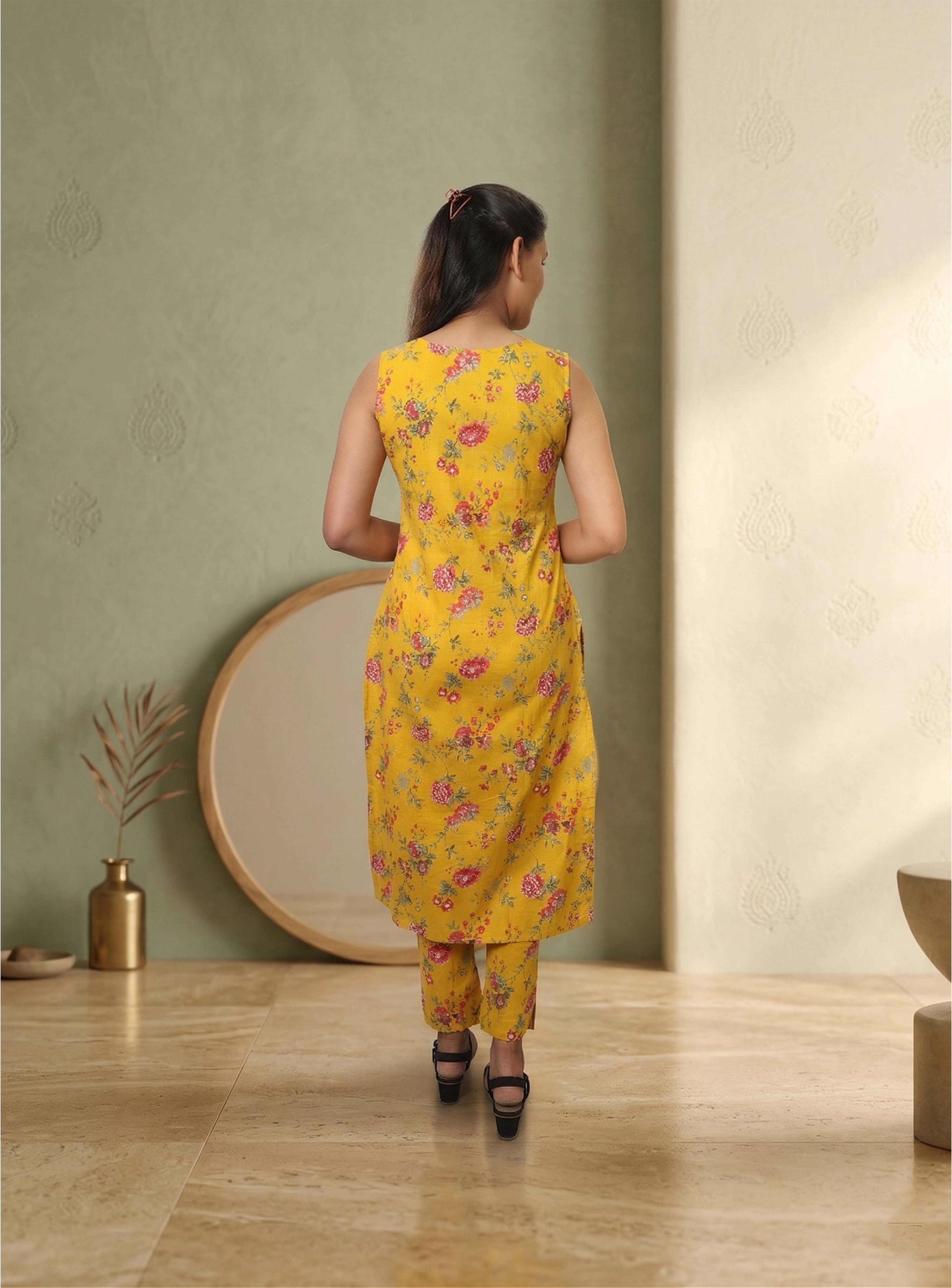 Yellow Printed Cotton straight Co-ord set